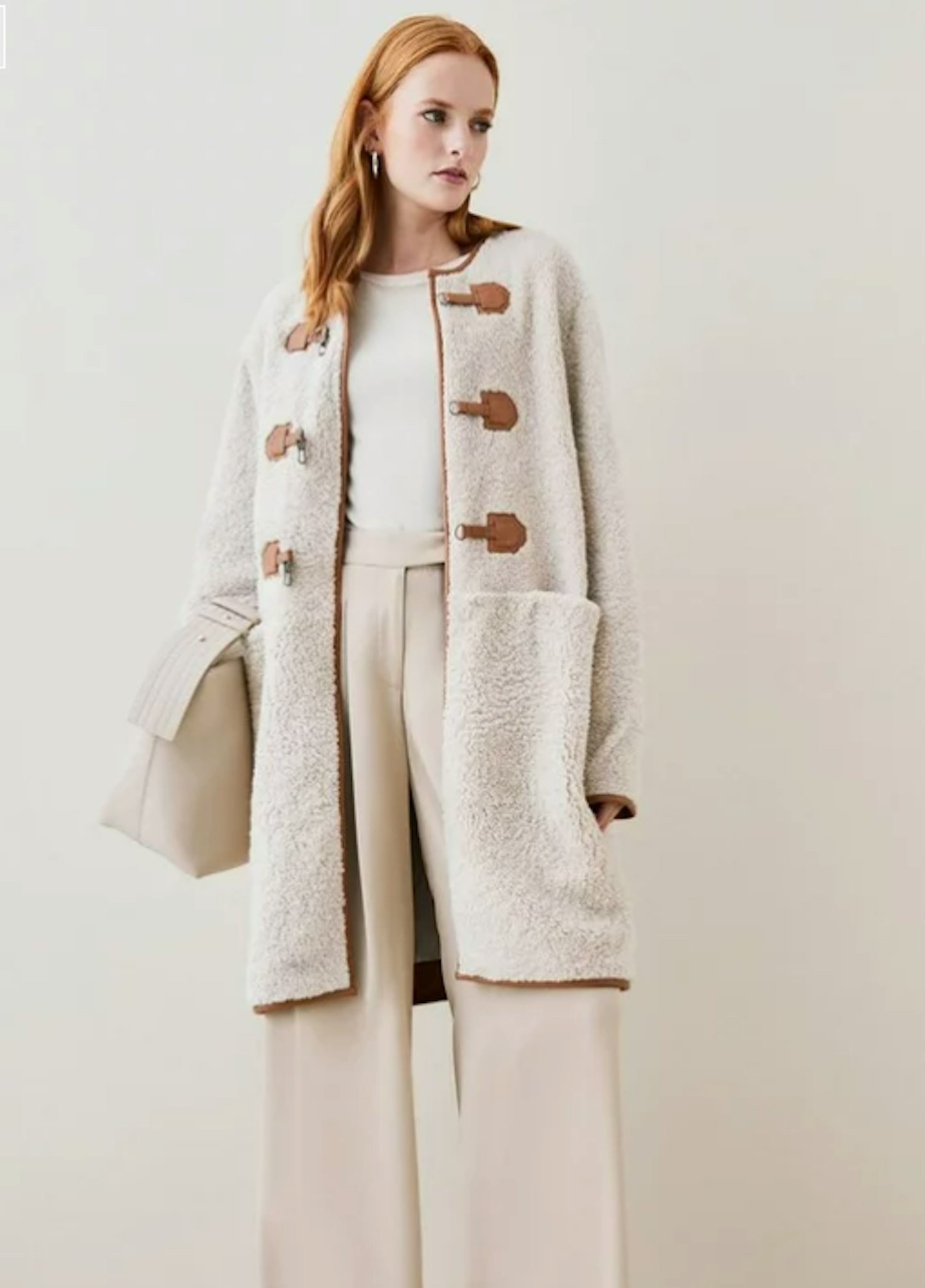 Karen Millen, Merino Shearling And Leather Tab Detail Coat