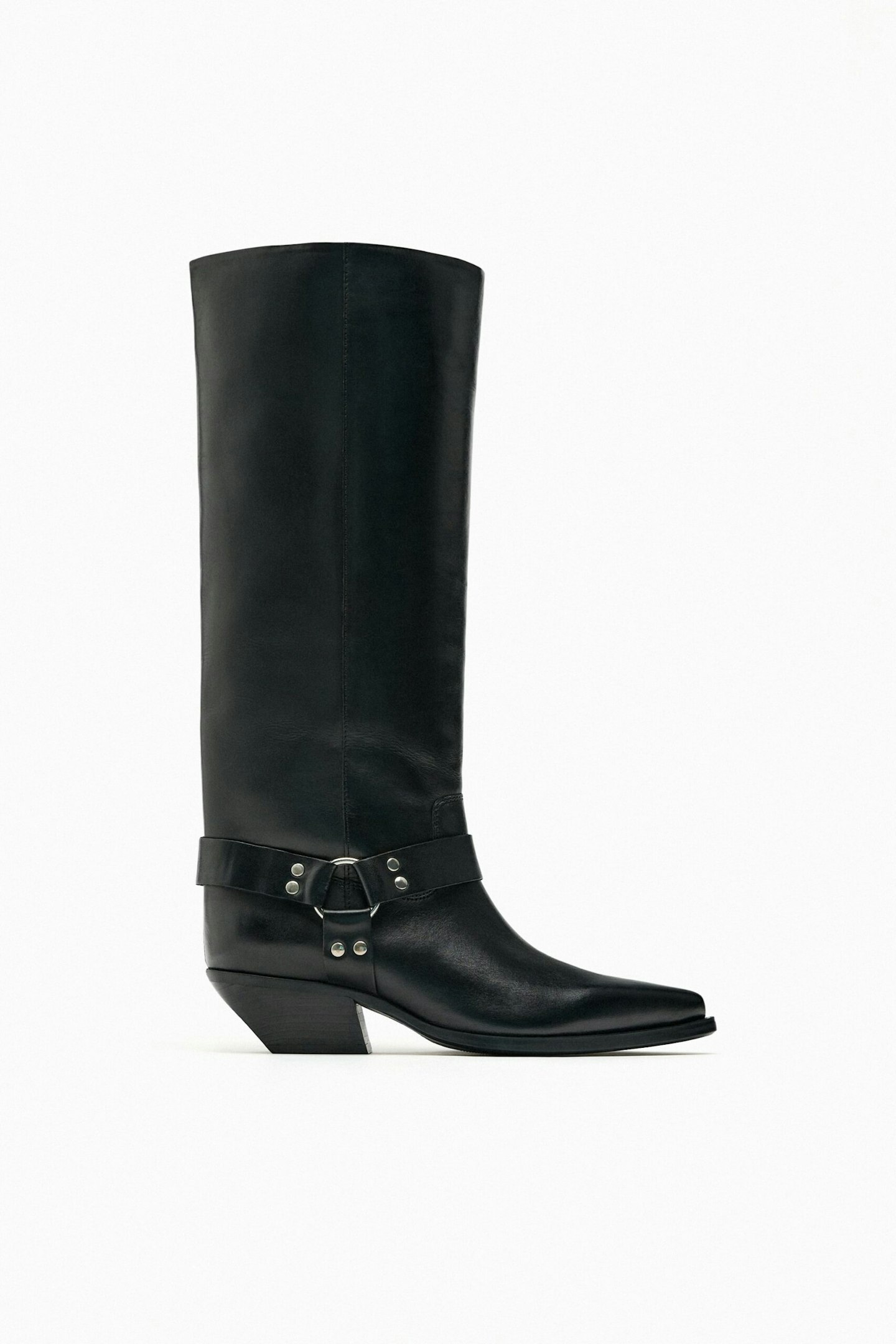 Zara, Leather Cowboy Boots With Buckle