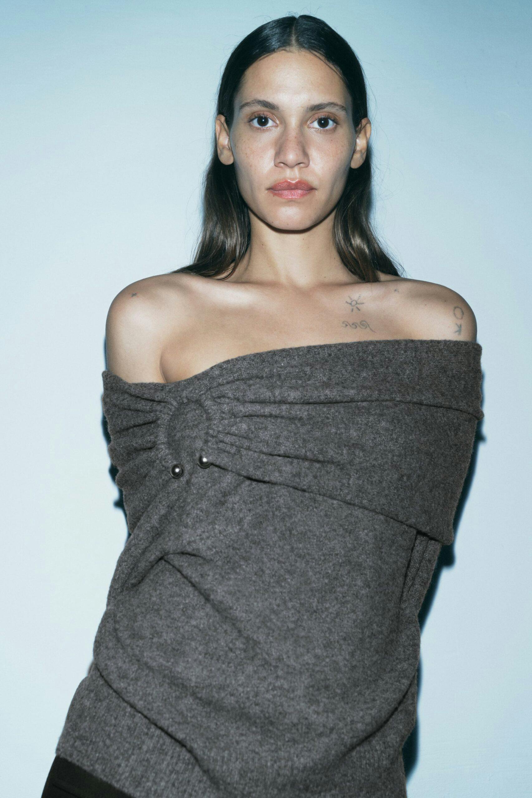 Grey cold hot sale shoulder jumper