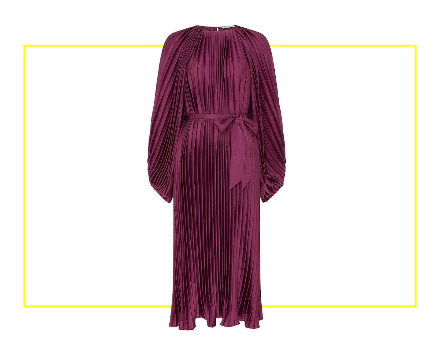 Plum Pleated Belted Satin Midi Dress