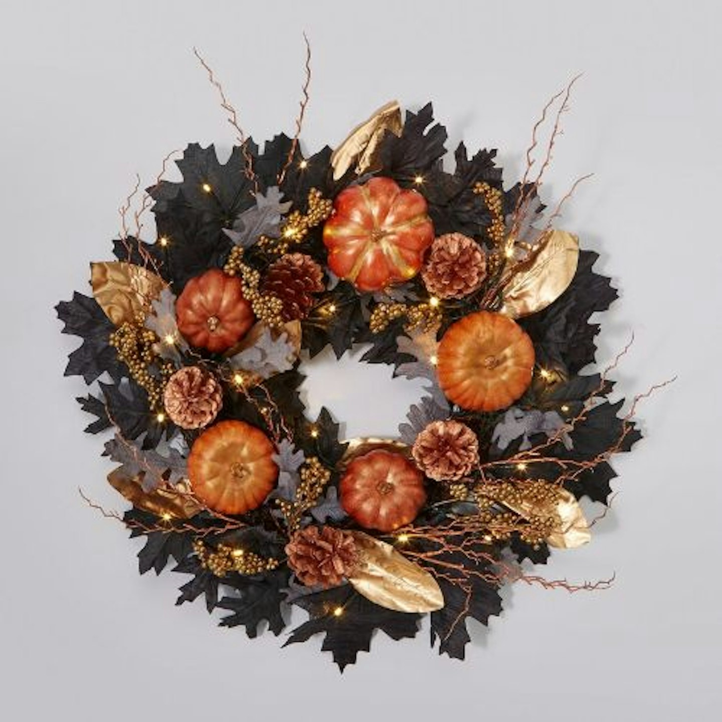 Autumn Pre-Lit Black Leaf Wreath with Pumpkins