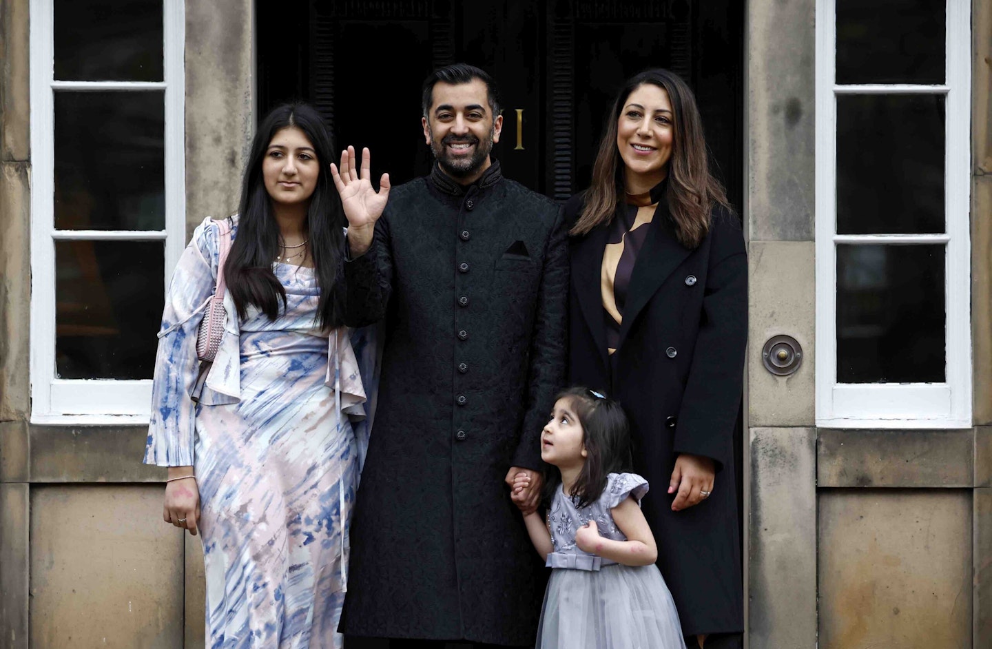 EDINBURGH, SCOTLAND - MARCH 29: New Scottish First Minister Humza Yousaf, poses alongside his wife, Nadia El-Nakla (R), his step daughter, Maya (L) and daughter, Amal (2nd R) at Bute House on March 29, 2023 in Edinburgh, Scotland. Humza Yousaf was elected Leader of the SNP this week with 52% of the membership vote. He will be sworn in as Scotland's First Minister at the Court of Sessions this morning. (Photo by Jeff J Mitchell/Getty Images)