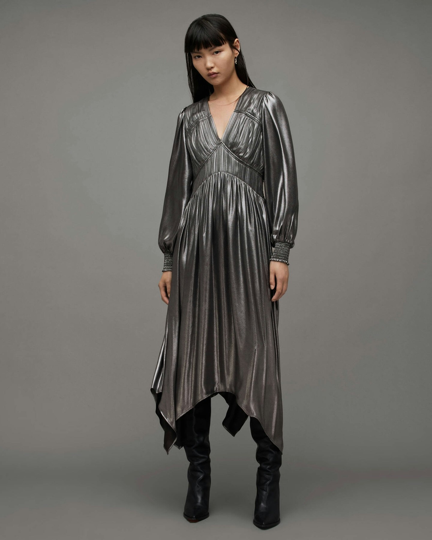 Estelle Metallic Asymmetric Midi Dress