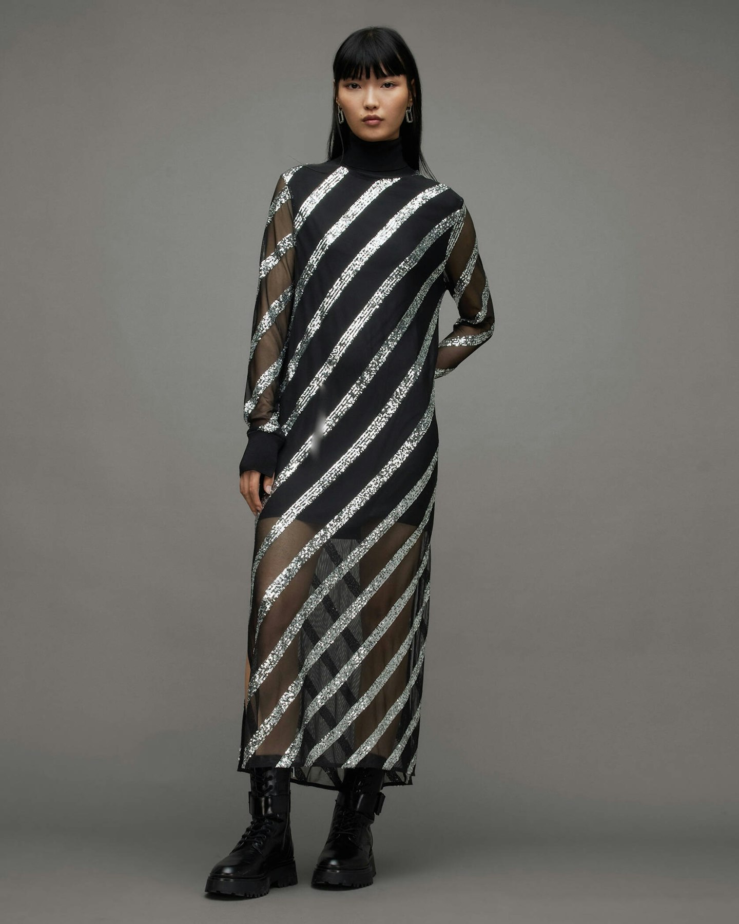 Juela Mesh Striped Sequin Midi Dress
