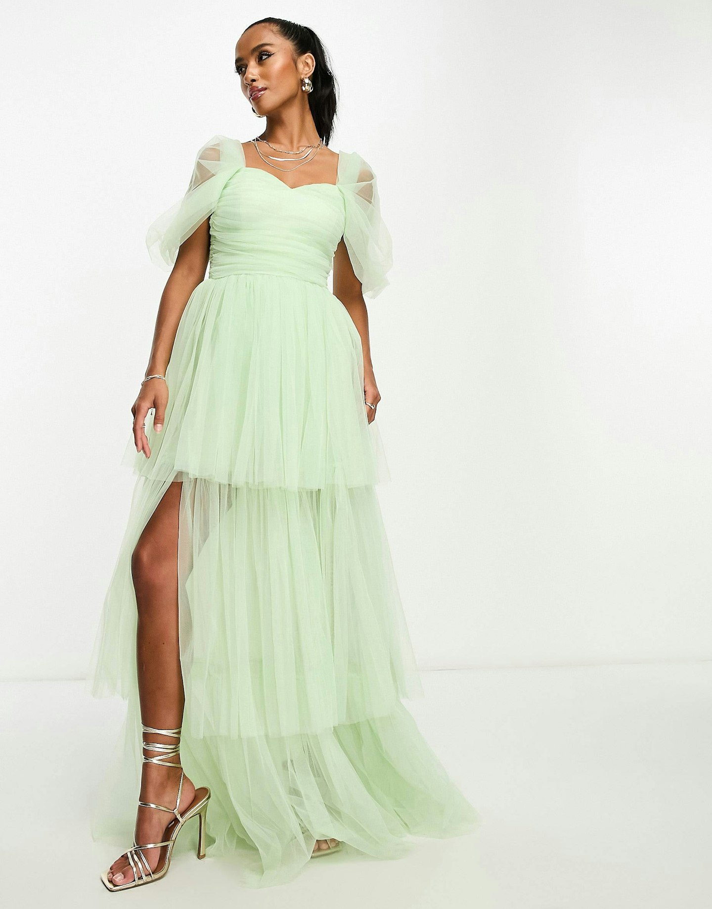 ASOS, Lace & Beads Petite Exclusive off Shoulder High Low Tulle Maxi Dress in Sage Green