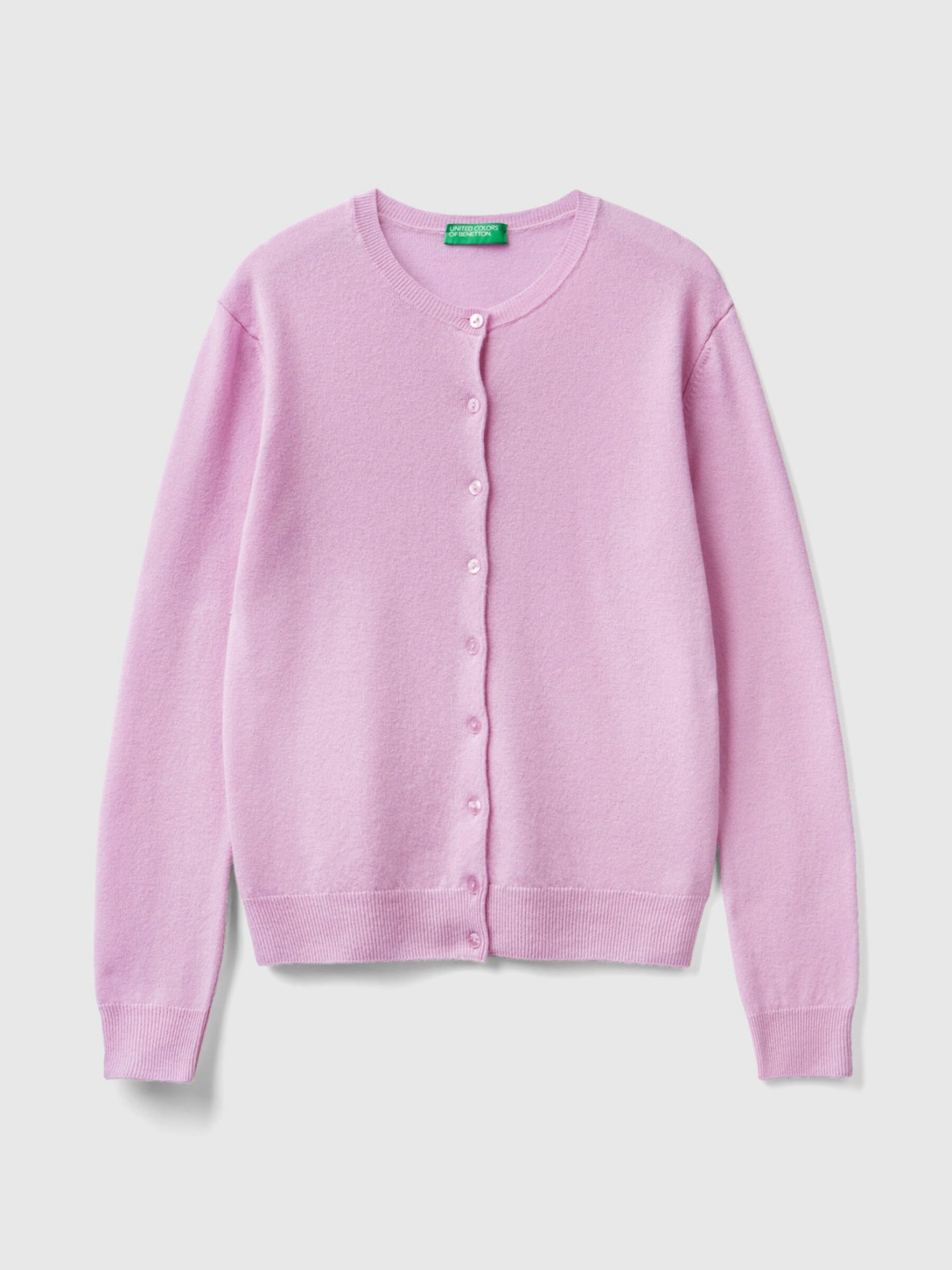 Benetton, Lilac Crew-Neck Cardigan In Pure Merino Wool