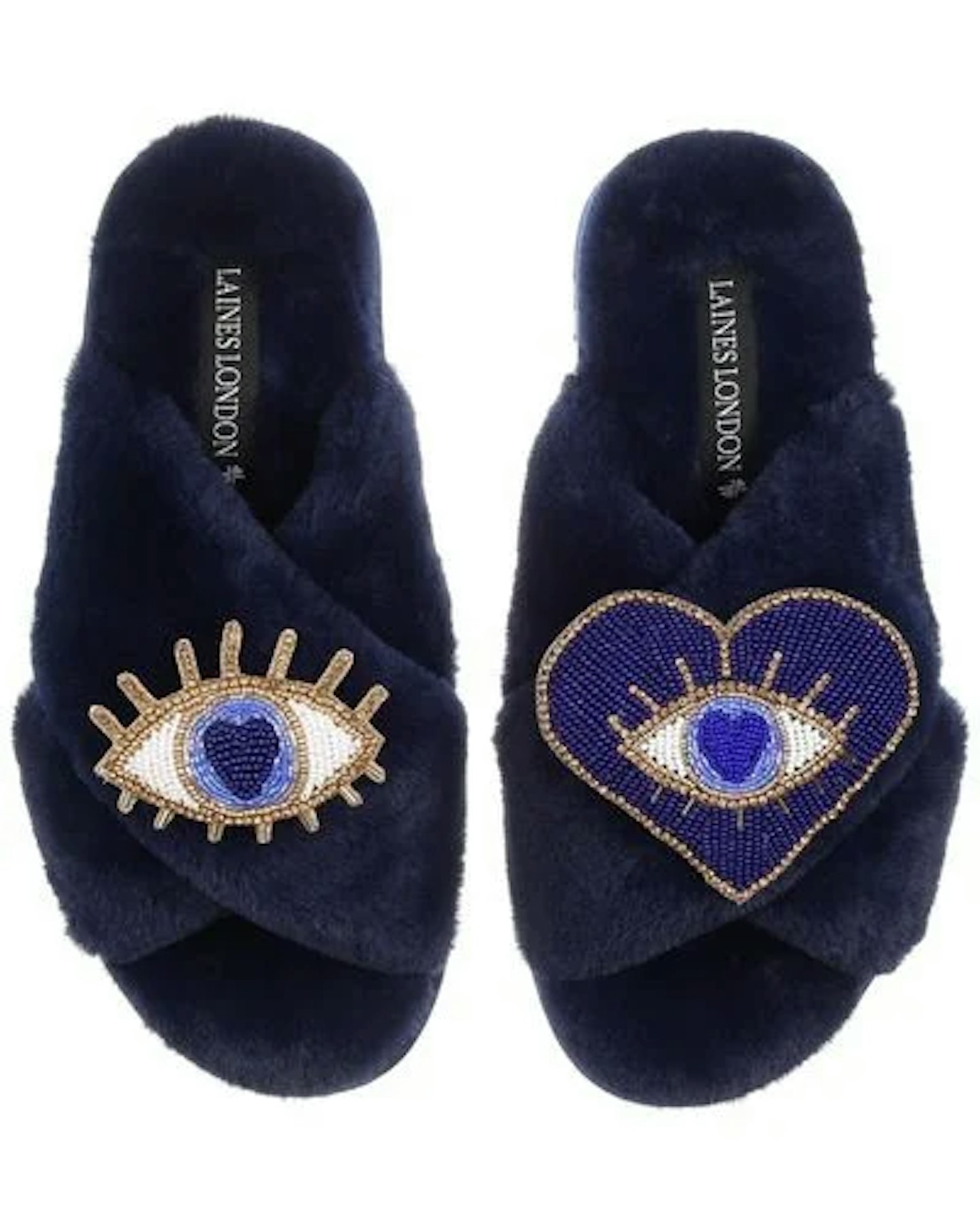 Classic Laines Slippers With Double Blue & Gold Eye Brooches