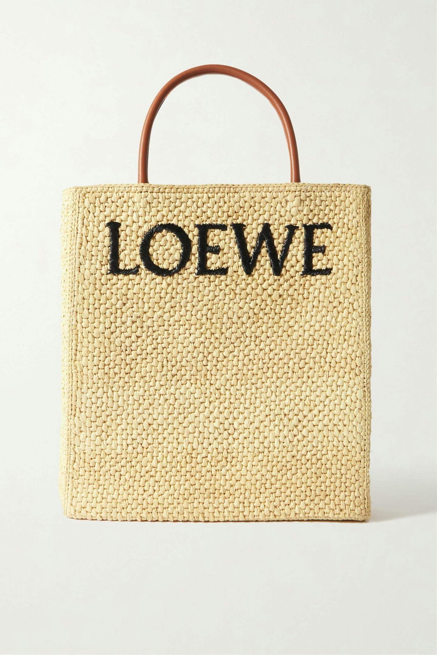 Loewe, Leather-Trimmed Embroidered Raffia Tote