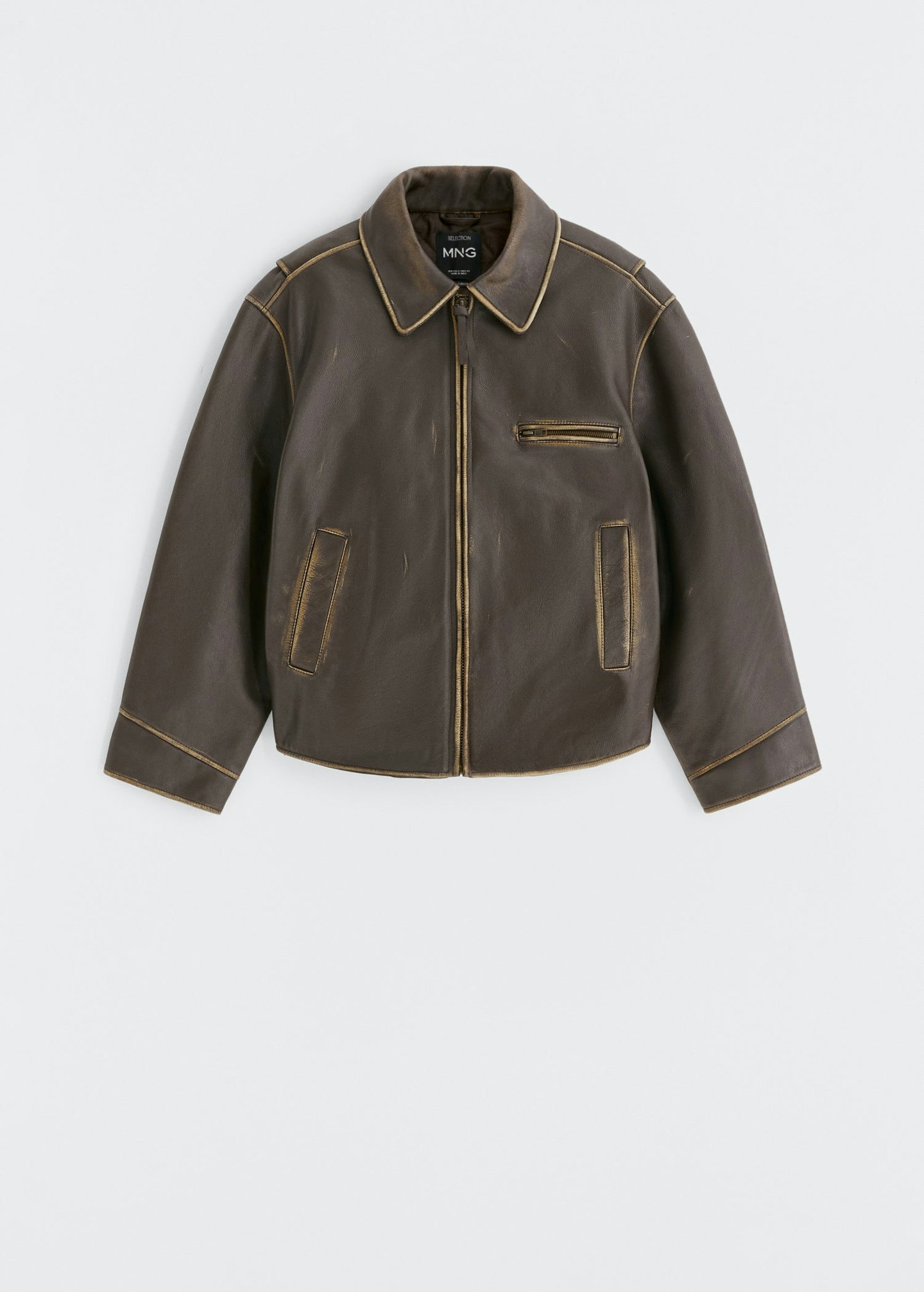 Mango, Oversized Worn-Effect Leather Jacket