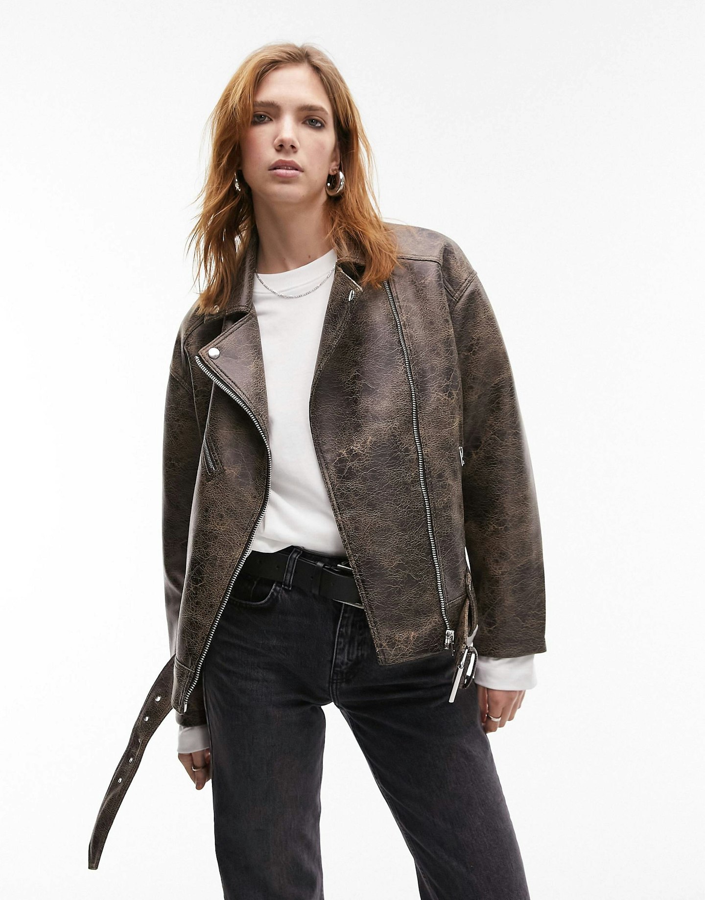 Topshop, Faux-Leather Washed Look Oversized Biker Jacket In Brown