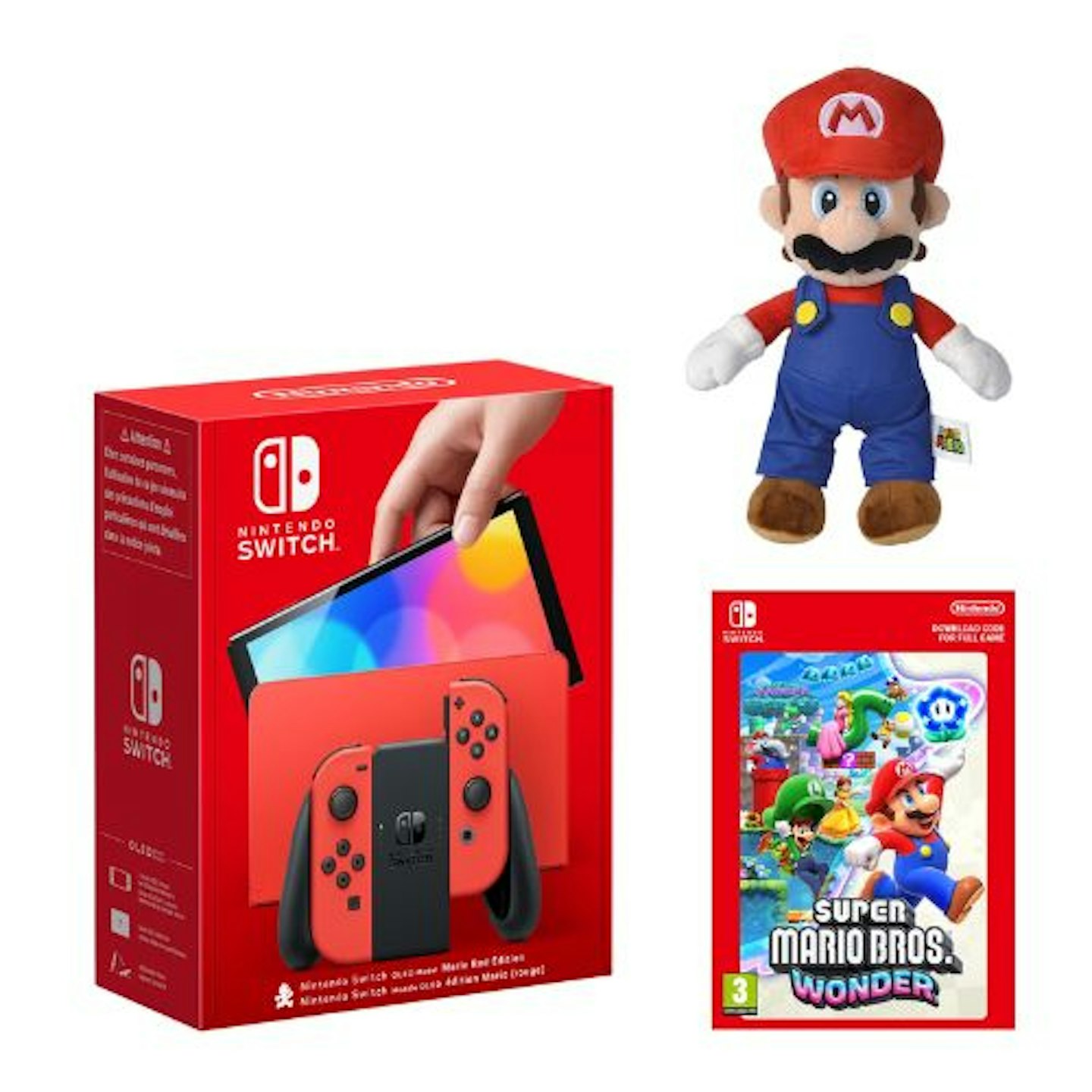 Nintendo Switch – OLED Model Mario Red Edition + Super Mario Bros. Wonder + Mario Soft Toy Pack