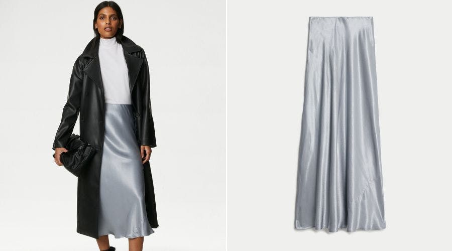 Silver silk midi clearance skirt