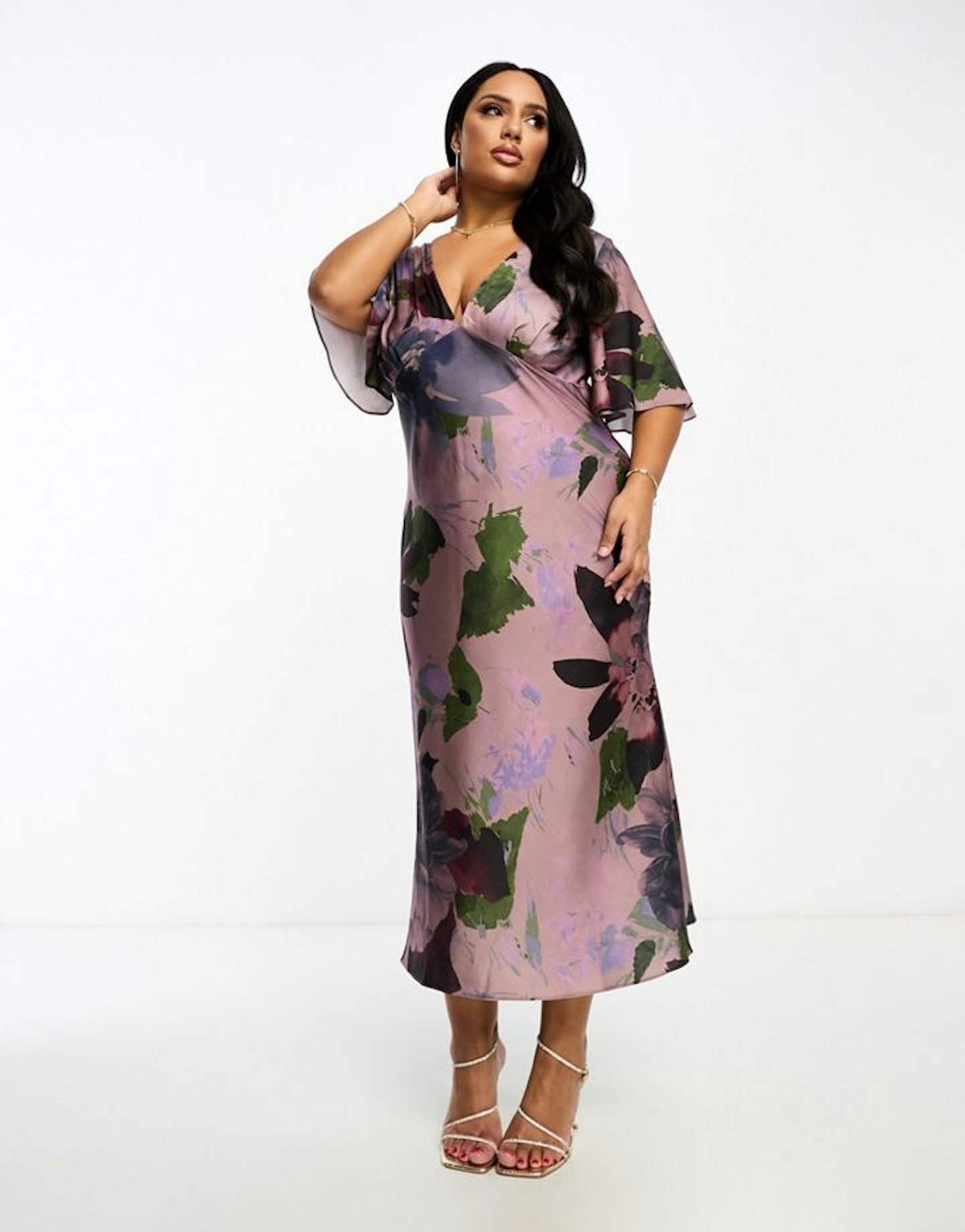 ASOS DESIGN, Curve Satin Flutter Sleeve Midi Dress Grey Floral