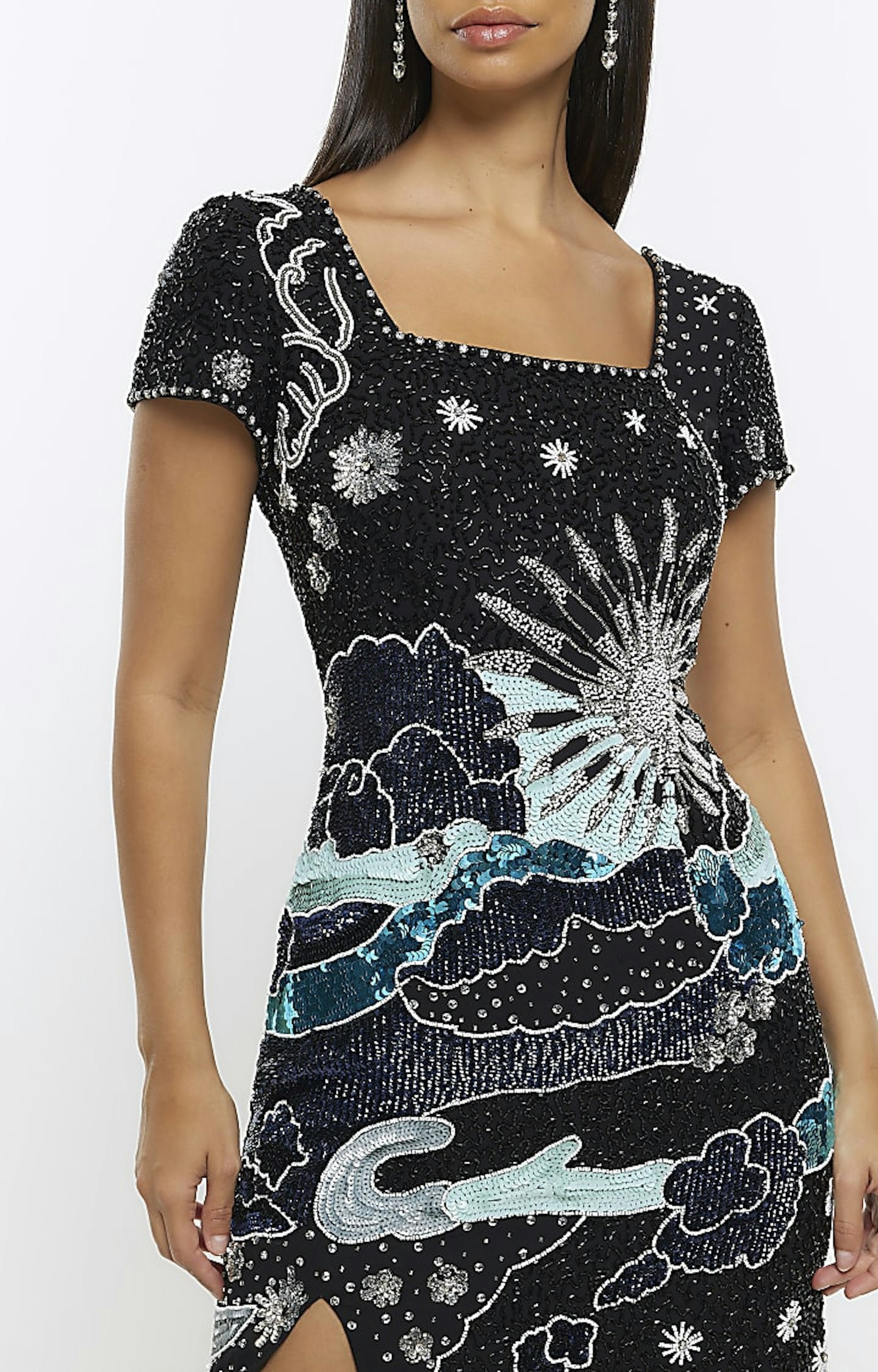 River Island, Black Silk Sequin Detail Bodycon Mini Dress
