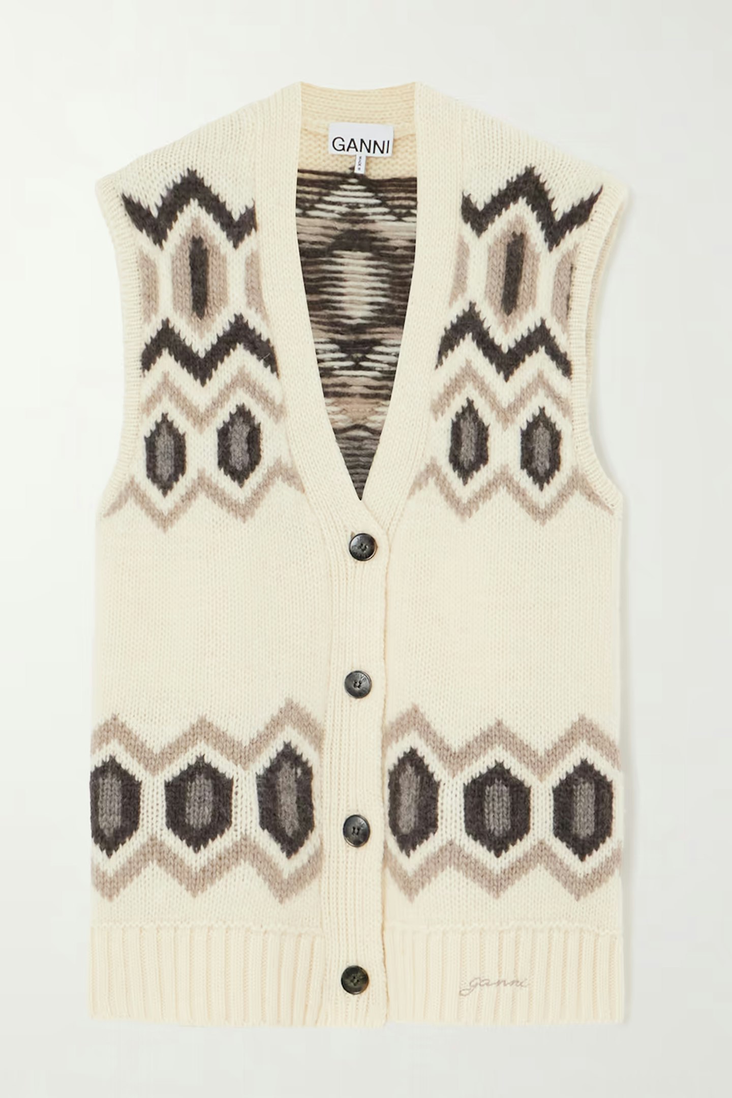 GANNI Oversized Embroidered Intarsia-Knit Organic Wool Vest