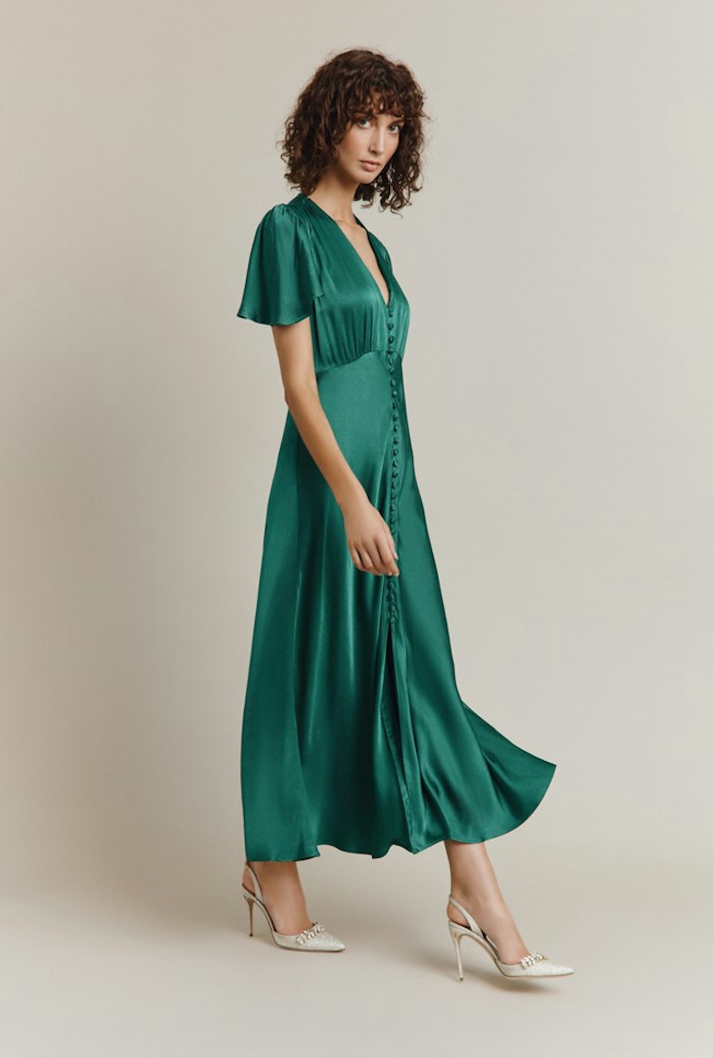 Ghost Grace Satin Midi Dress Dark Green