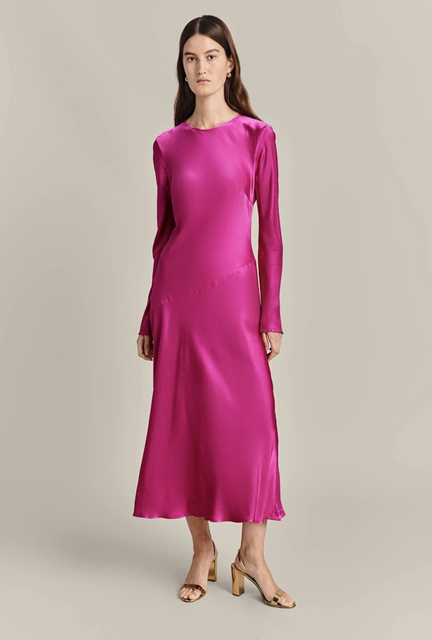 Ghost Lois Satin Midi Dress Bright Pink