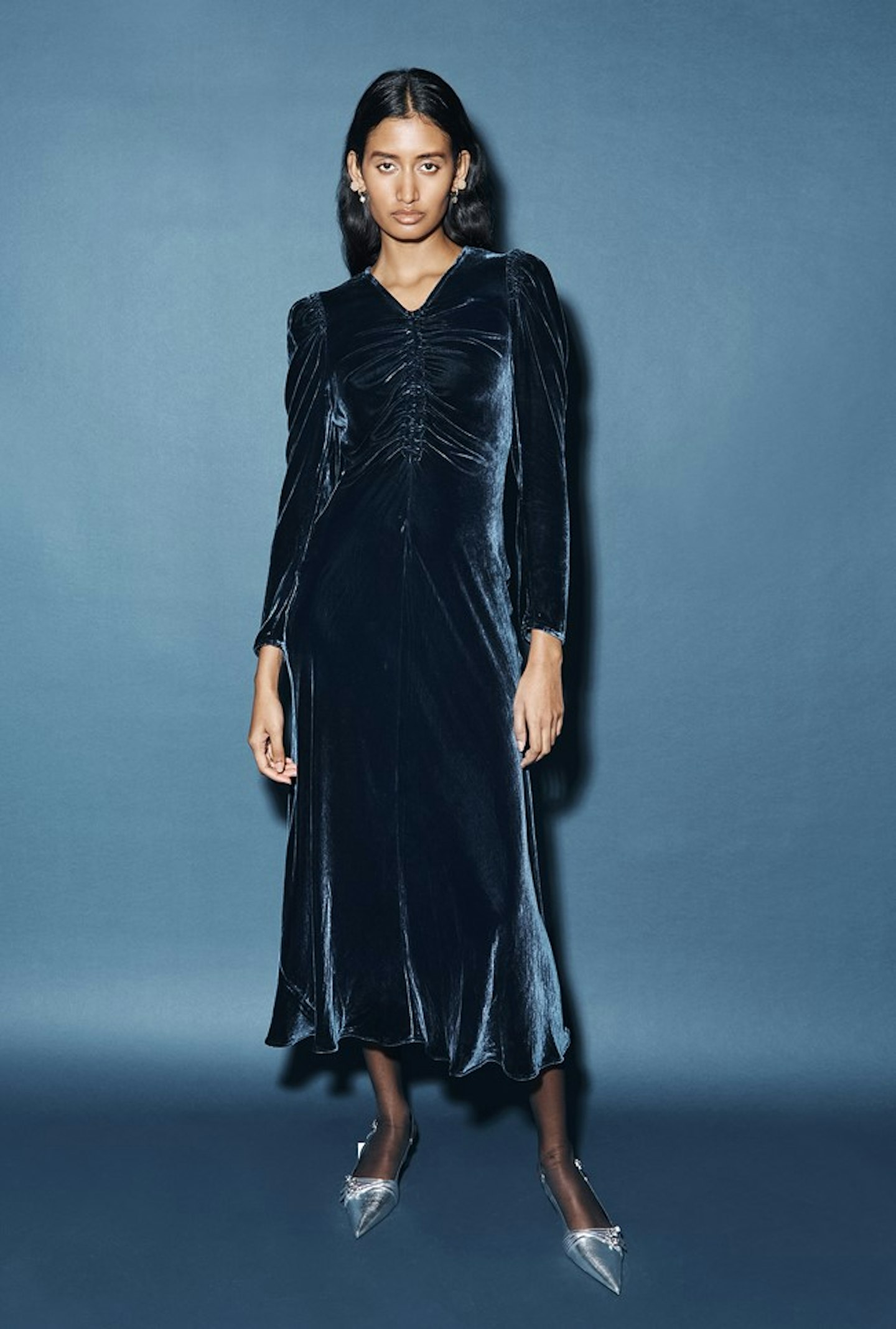 Ghost Polly Velvet Midi Dress Blue