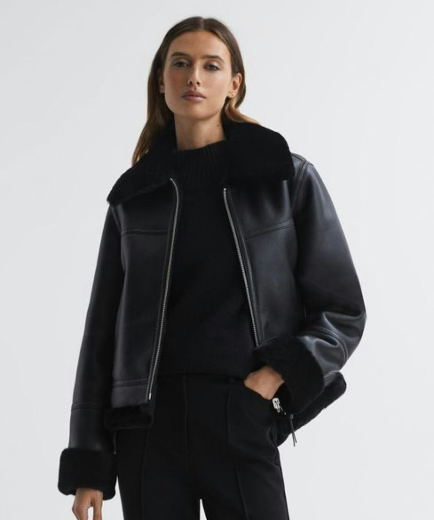 Reversible Leather Shearling Zip-Through Jacket