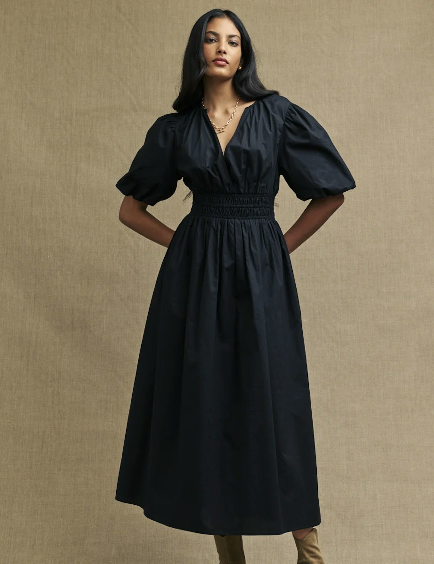 Nobody's Child, Black Puff Sleeve Athene Midi Dress
