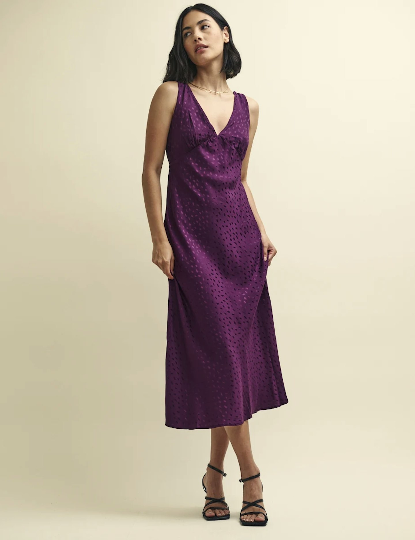 Nobody's Child, Purple Satin Jacquard Spot Helena Midi Dress