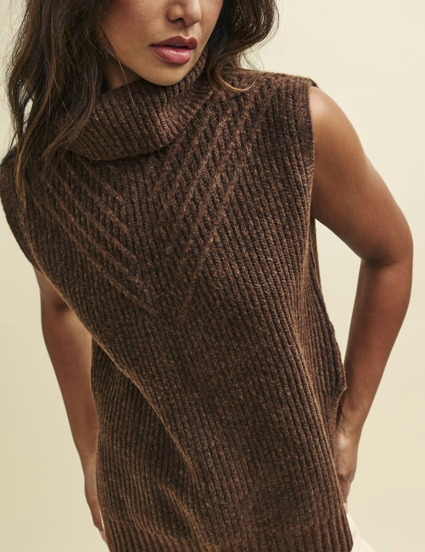Nobody's Child, Brown Roll Neck Oversized Knitted Tabard