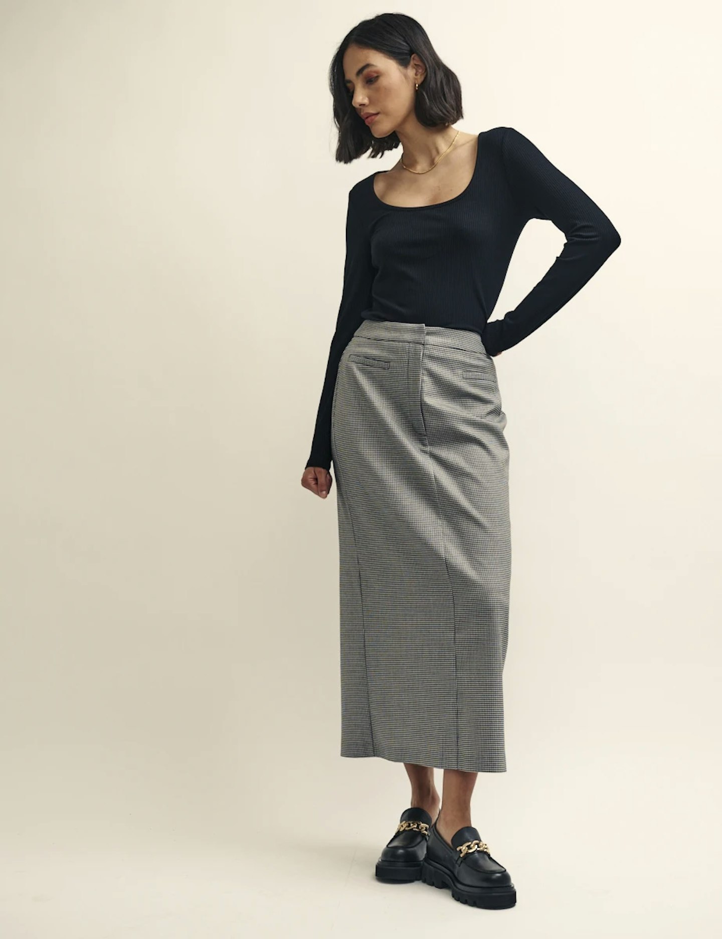 Nobody's Child, Black Puppytooth Check Tailored Midi Skirt
