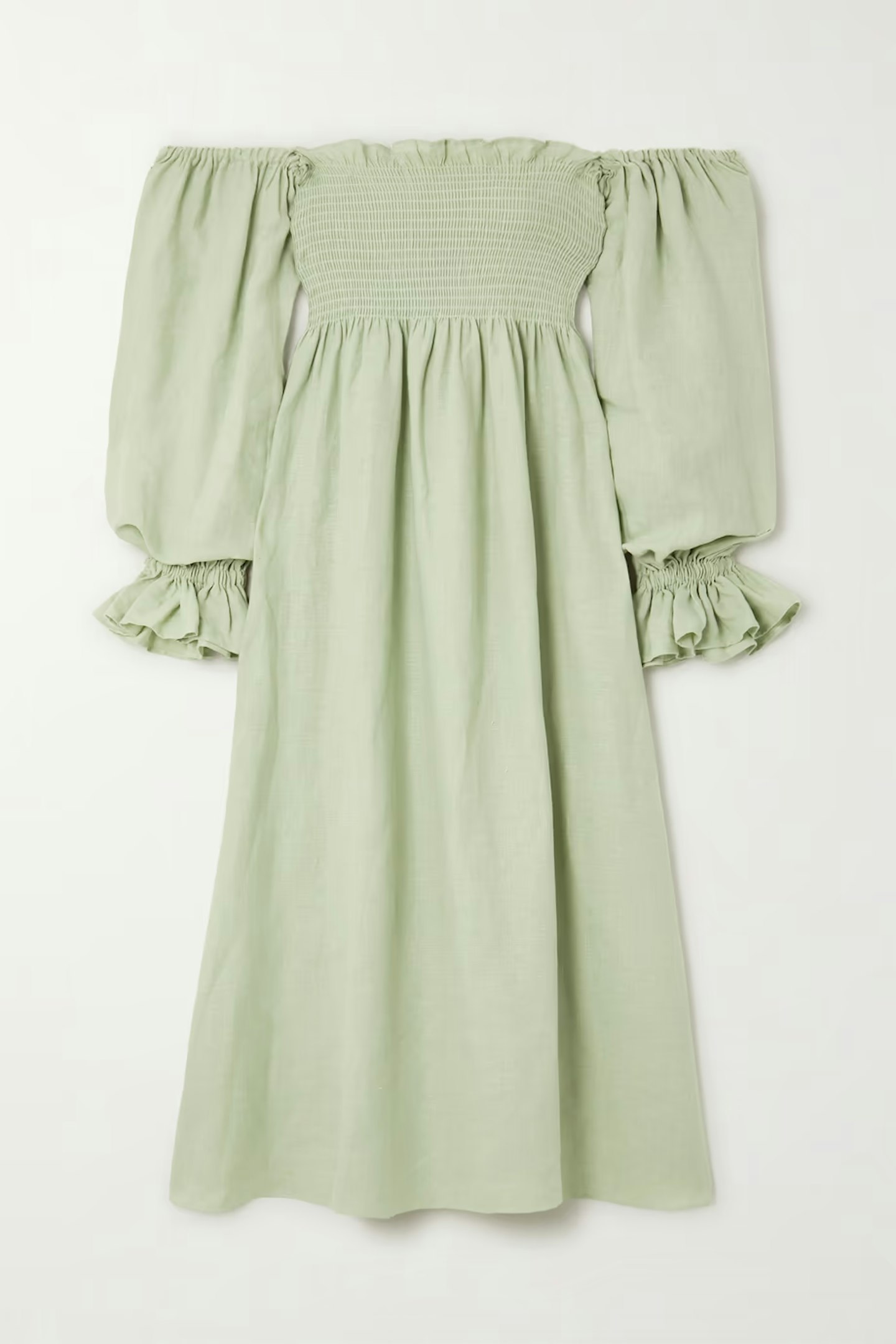 SLEEPER Atlanta Off-The-Shoulder Shirred Organic Linen Midi Dress