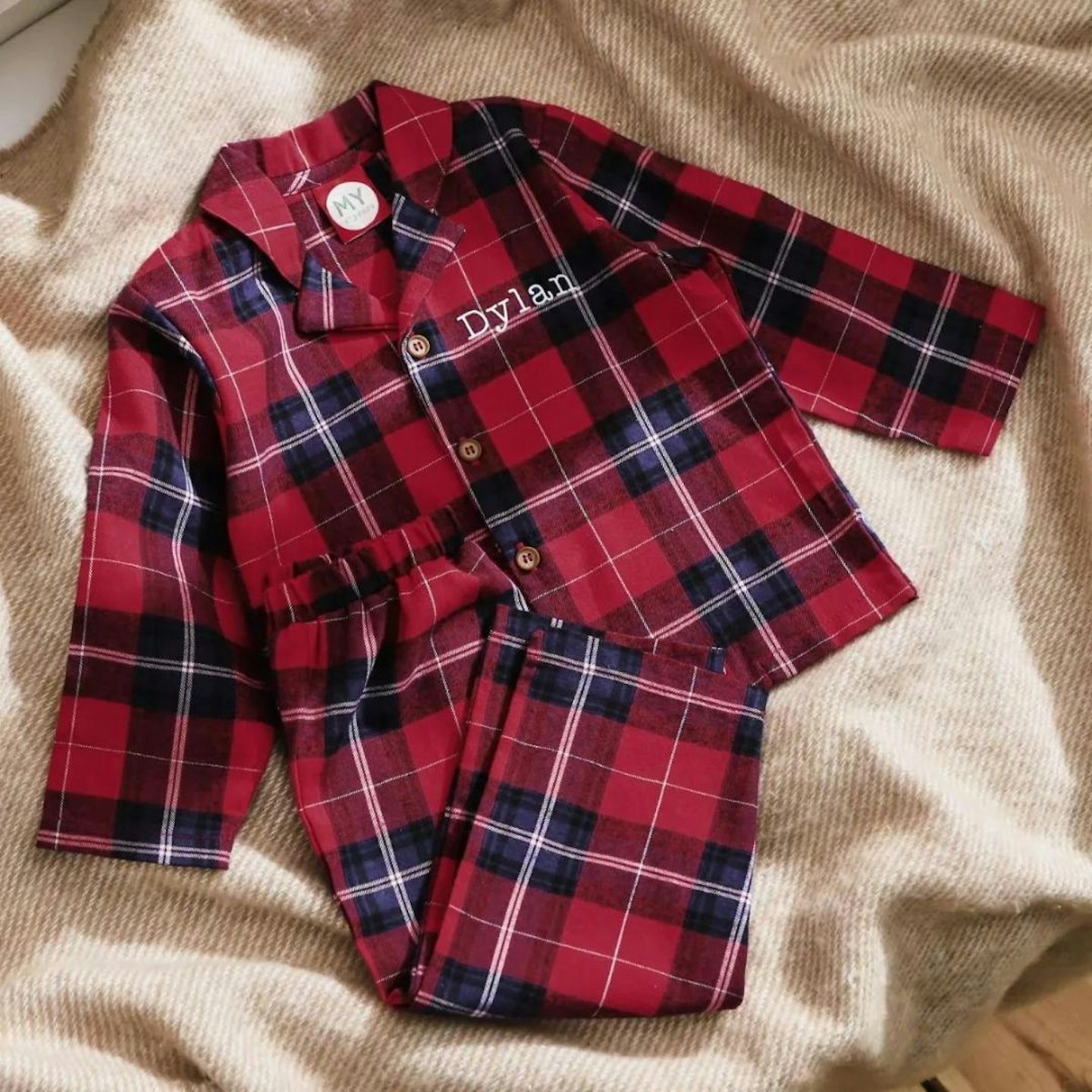 Best Christmas Day Outfits For Kids: Personalised Traditional Red Checkered Pyjamas