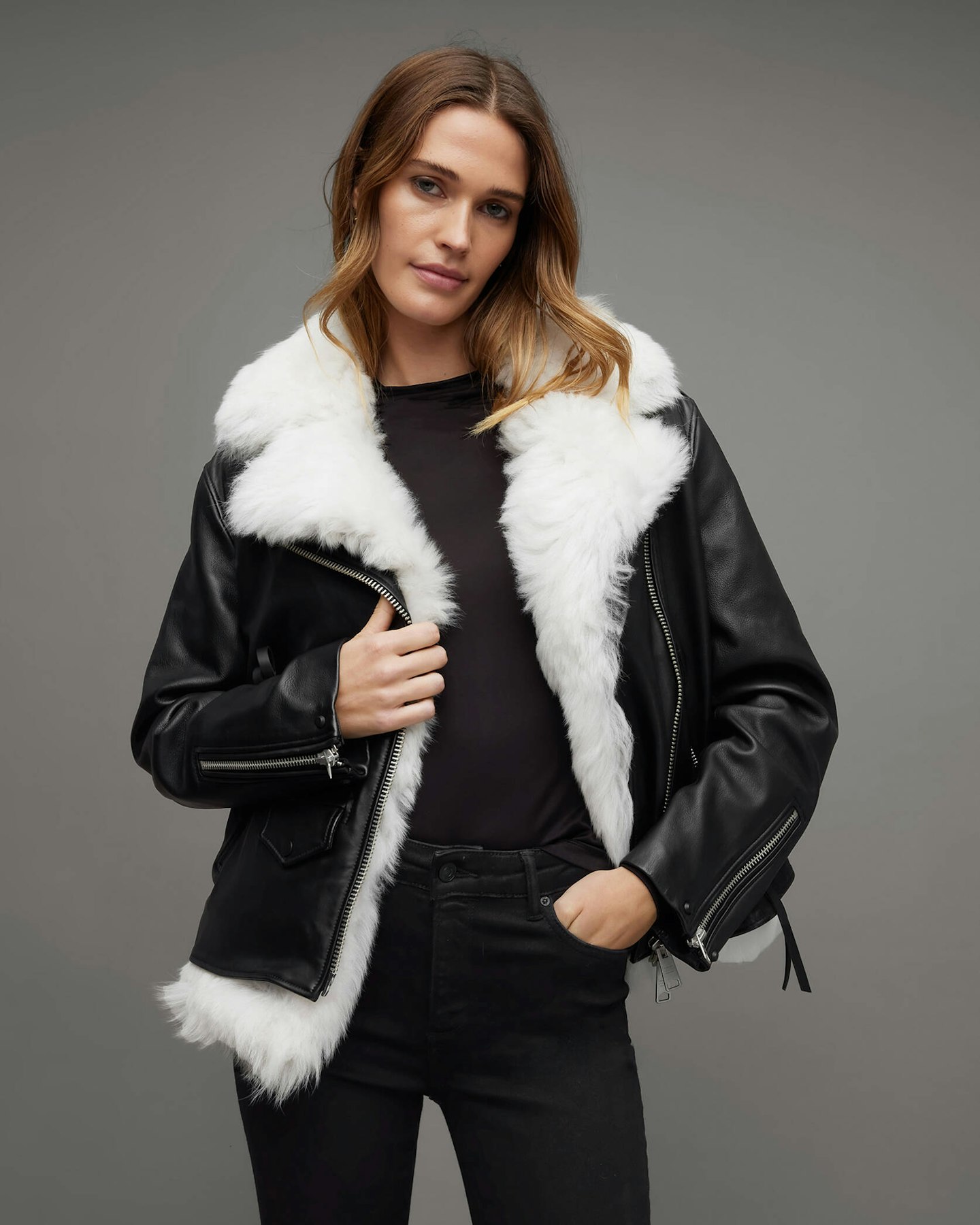 Lyra Leather Shearling Biker Jacket