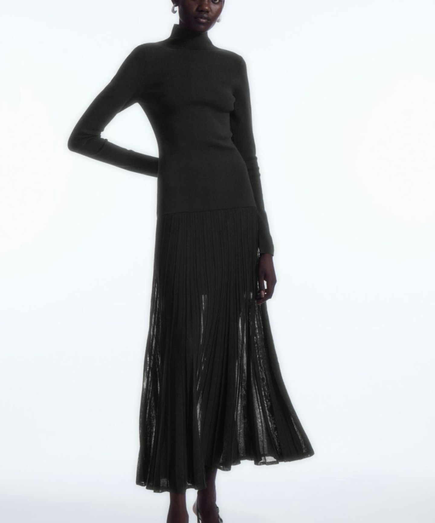 Pleated Knitted Turtleneck Maxi Dress