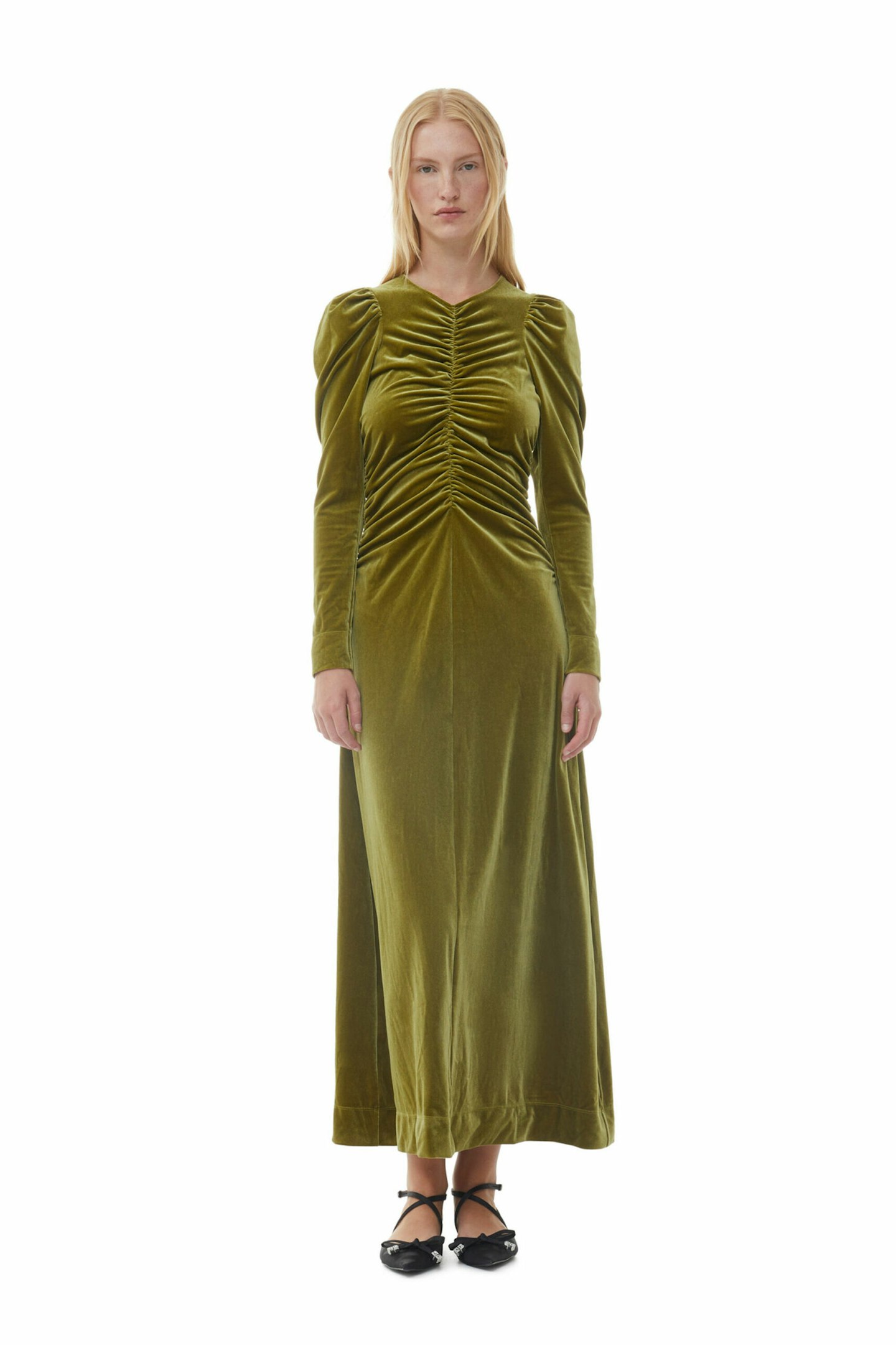 Ganni, Green Velvet Jersey Long Dress