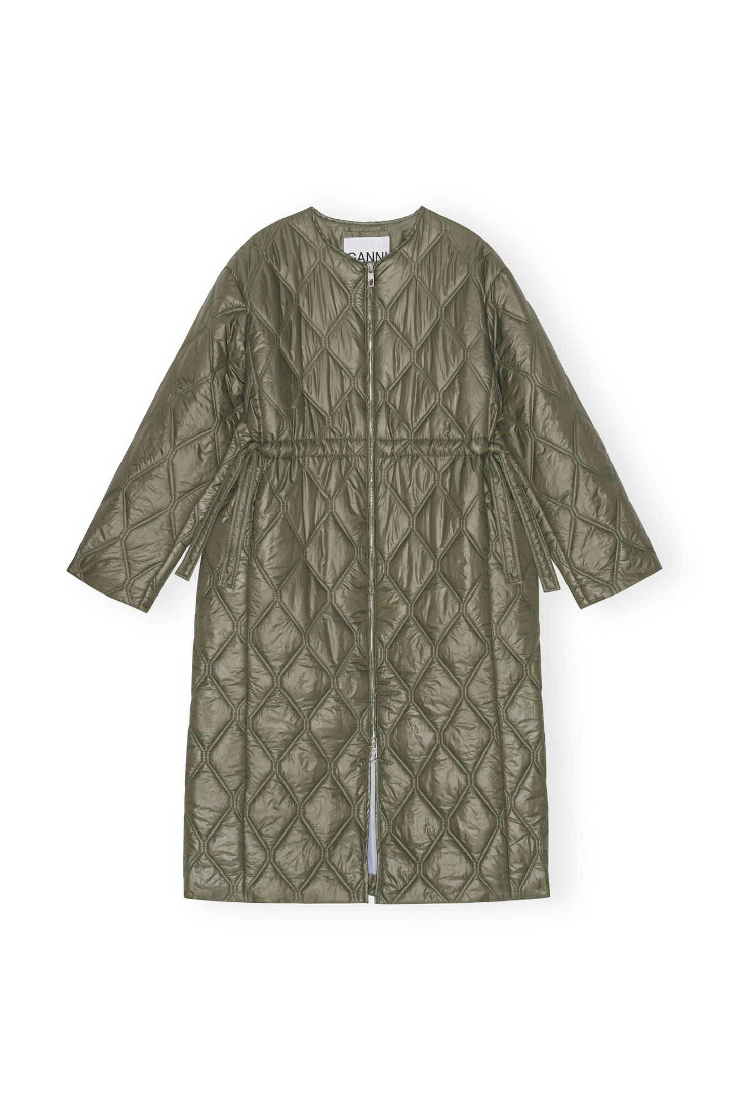 Ganni, Green Shiny Quilt Long Coat