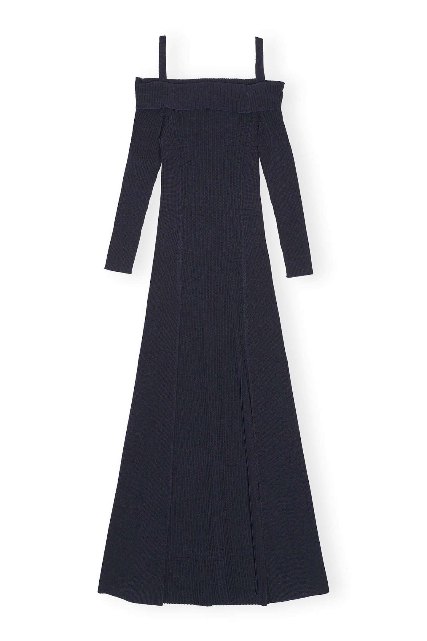 Ganni, Blue Melange Knit Off-Shoulder Maxi Dress