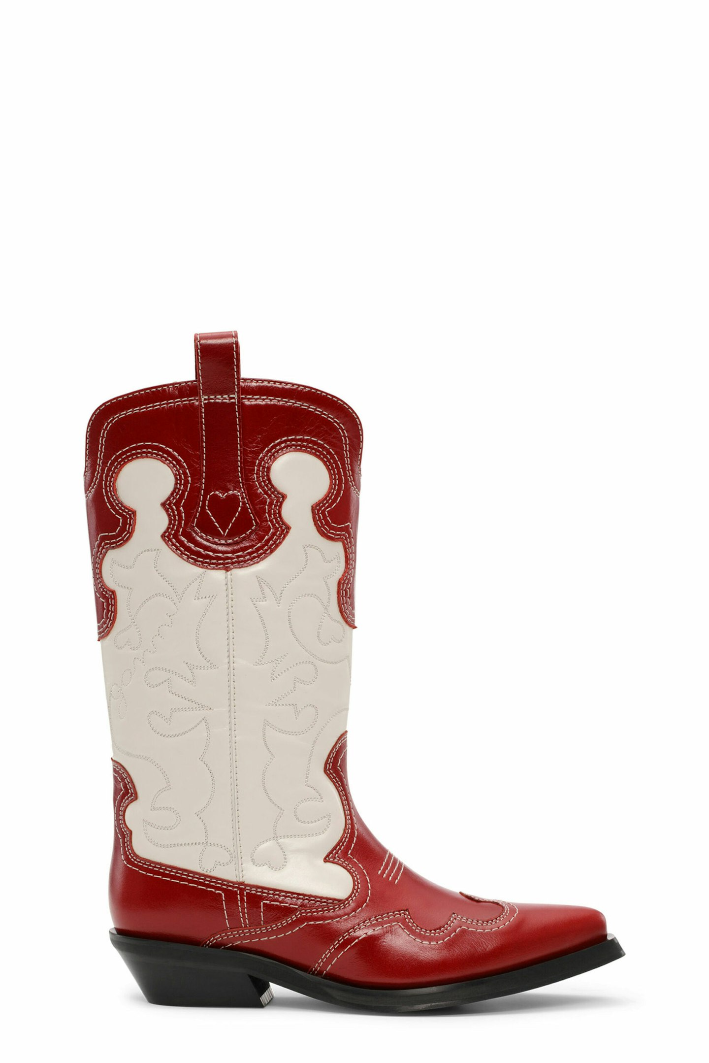 Ganni, Red/White Mid Shaft Embroidered Western Boots