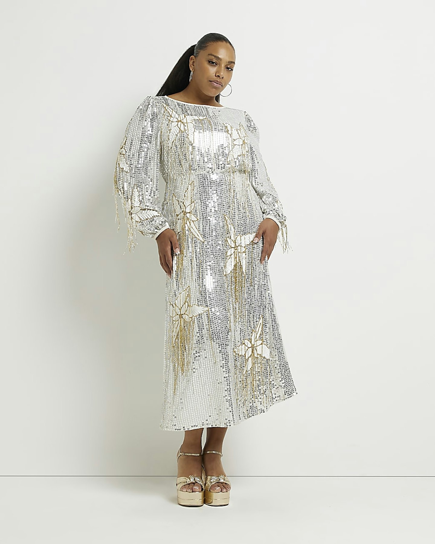 River Island, Silver Floral Sequin Long Sleeve Midi Dress