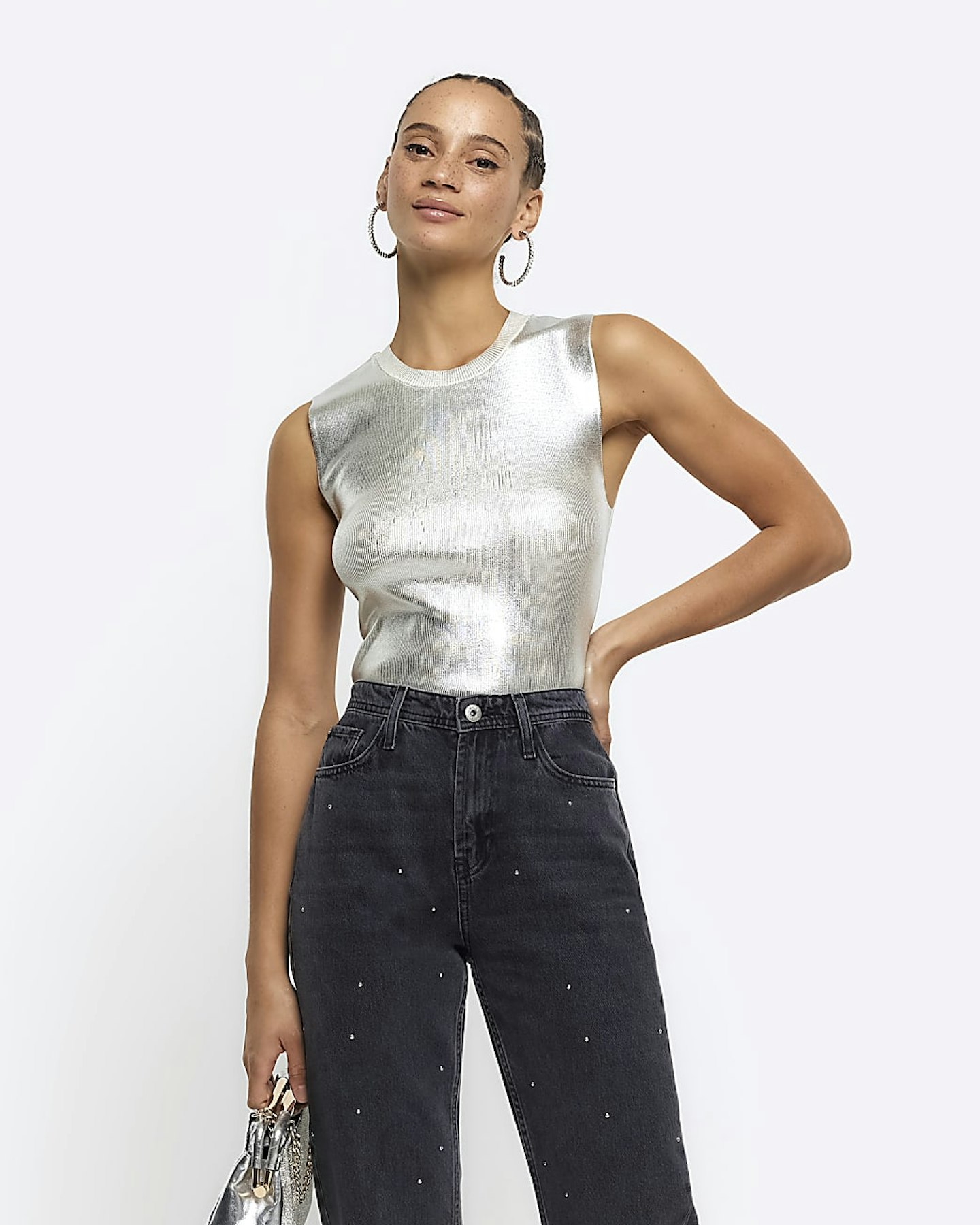 River Island, Silver Metallic Foil Tank Top