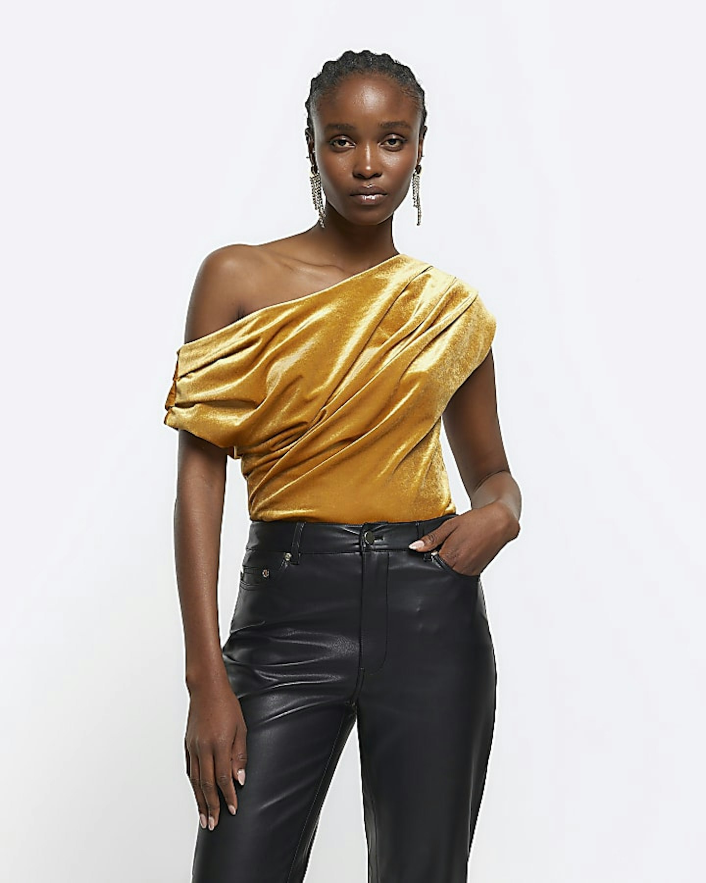 River Island, Yellow Velvet Drape Asymmetric Top