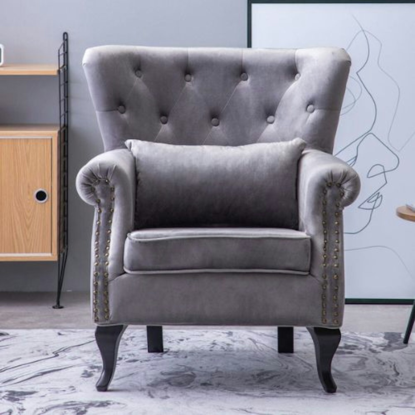 85cm Height Grey Tufted Velvet Upholstered Wingback Chair With Pillow