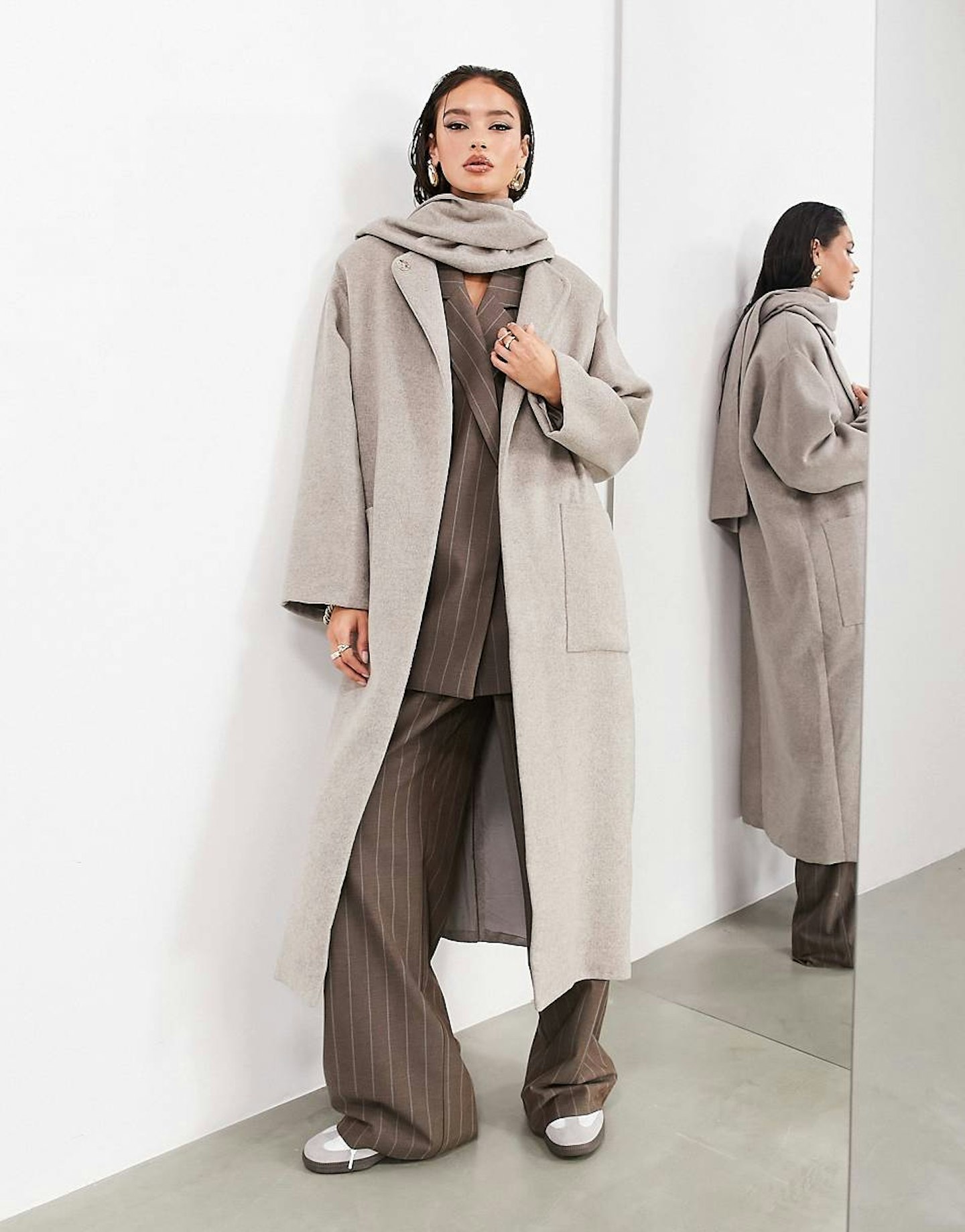 ASOS, Maxi Wool Mix Scarf Coat With Pockets in Taupe