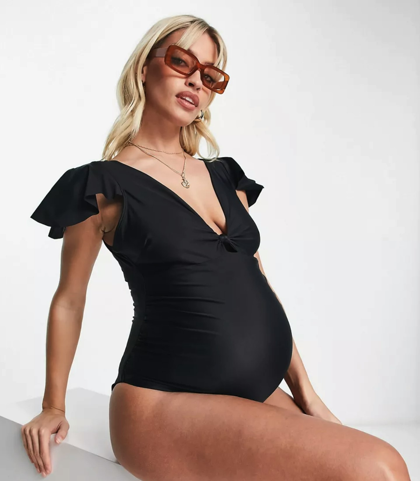 ASOS DESIGN Maternity Knot Front Flutter Sleeve Swimsuit
