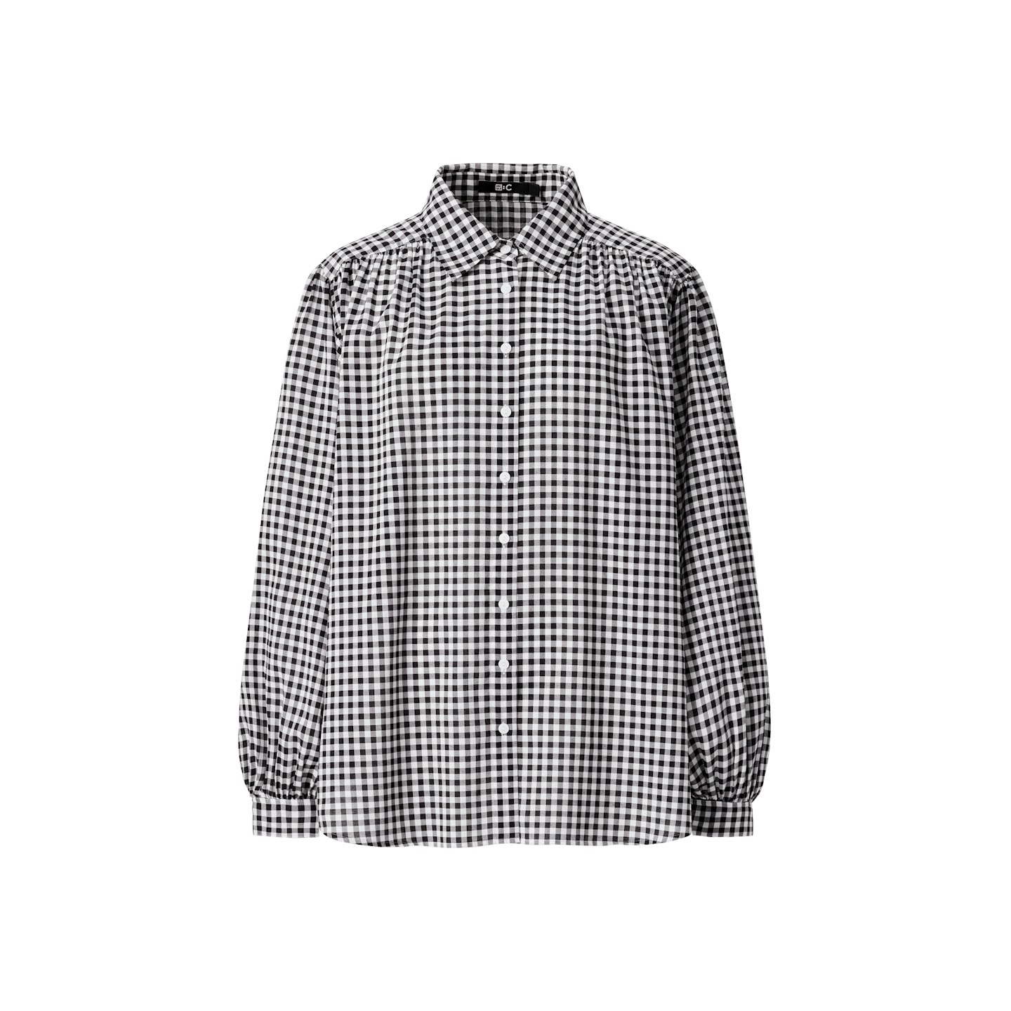 Sheer Gathered Checked Volume Long-Sleeved Blouse
