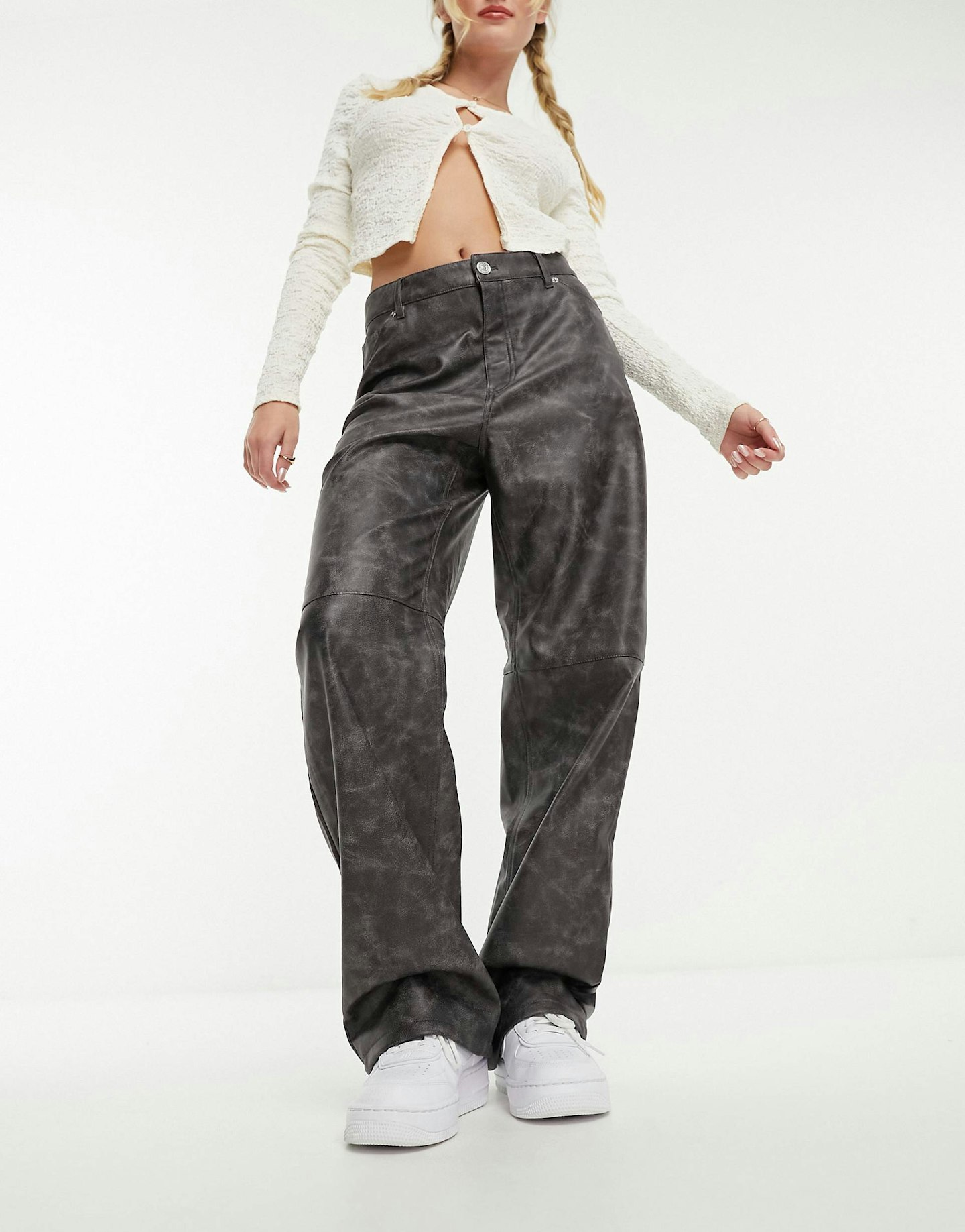 Monki Distressed Faux Leather Trousers