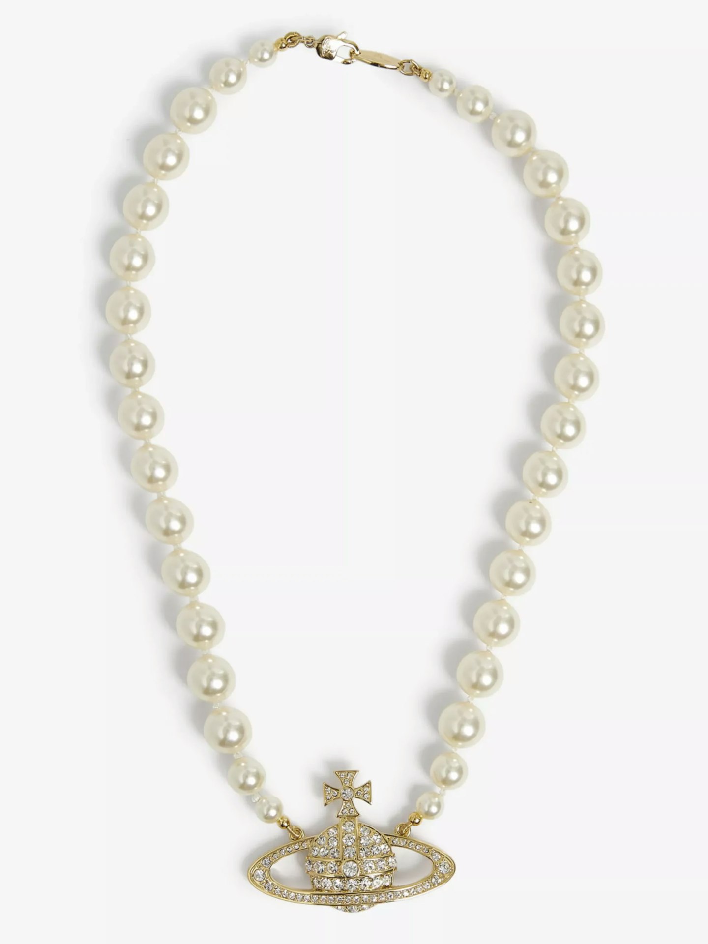 Vivienne Westwood, Bas Relief Yellow-Gold Tone Brass, Pearl and Swarovski Crystal Necklace