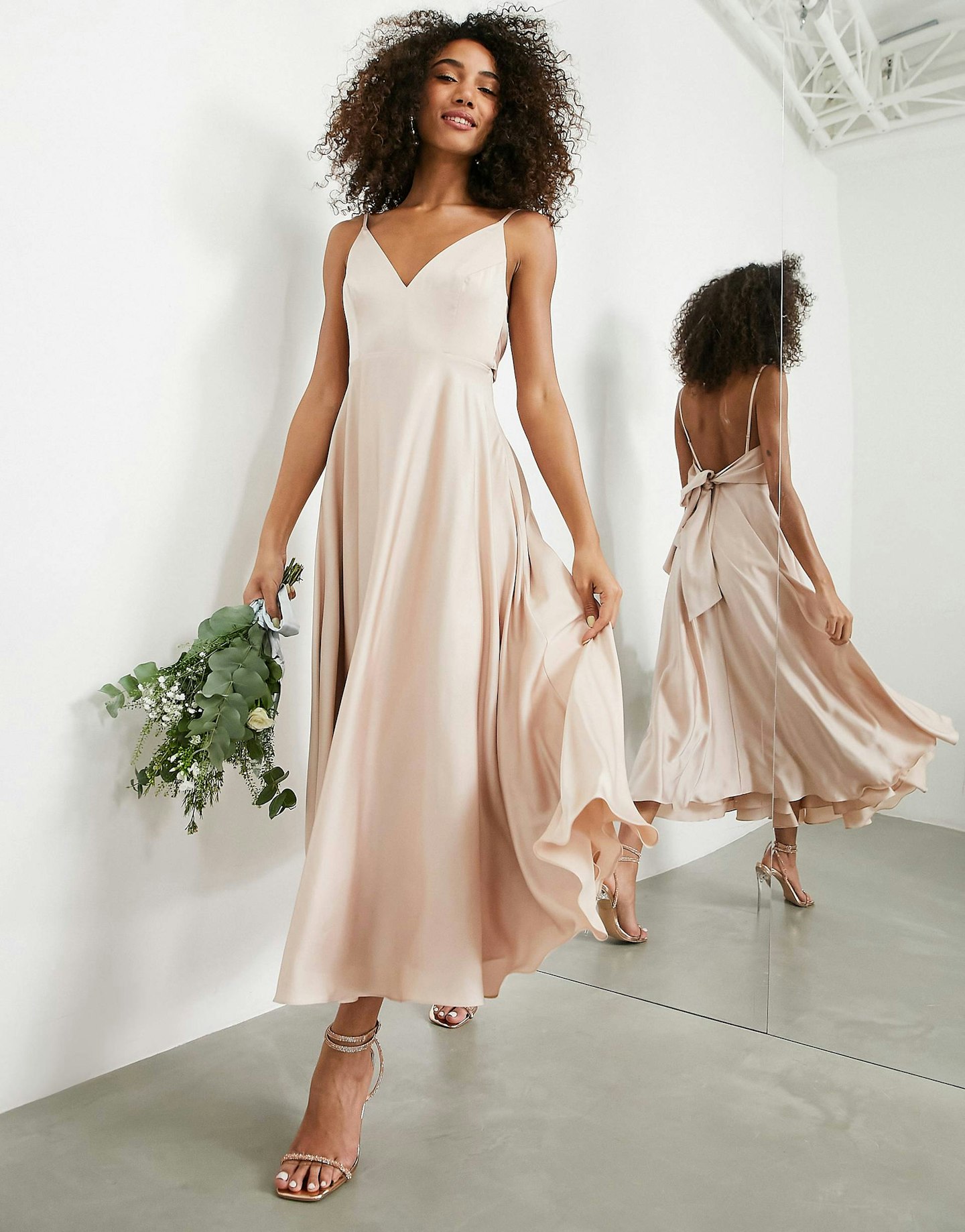 ASOS Design, Bridesmaid Satin Midi Dress With Tie Back In Blush