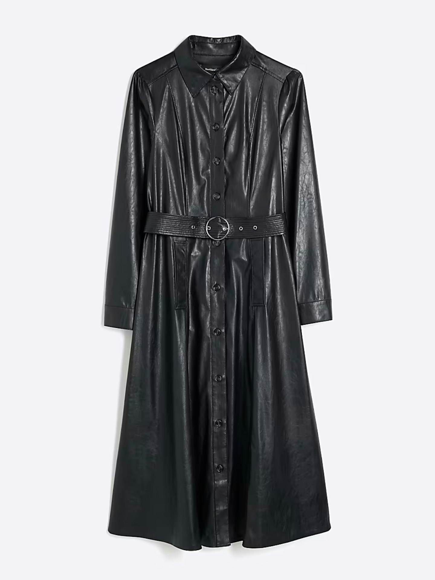 River Island Black Faux Leather Midi Shirt Dress