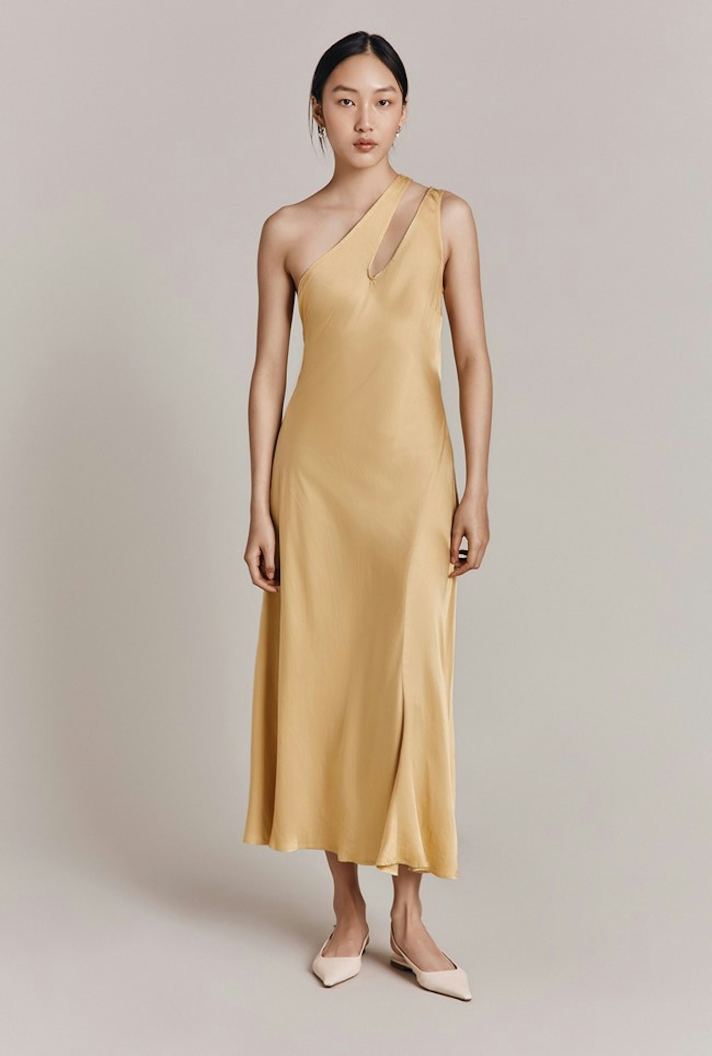 Ghost, Rose Yellow One-Shoulder Satin Midi Dress