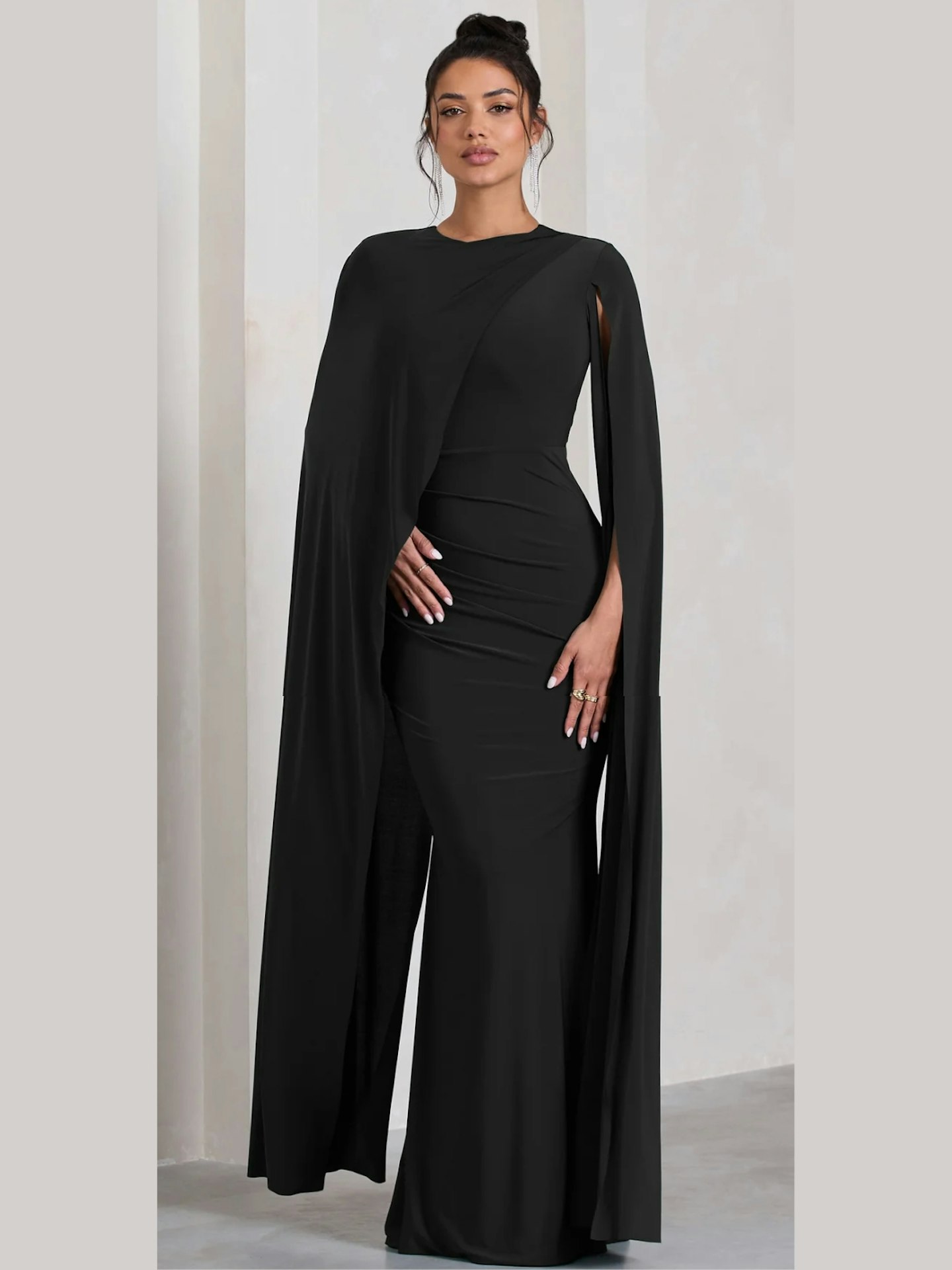 Club L London Magdelena Black Asymmetric Cape Maxi Dress