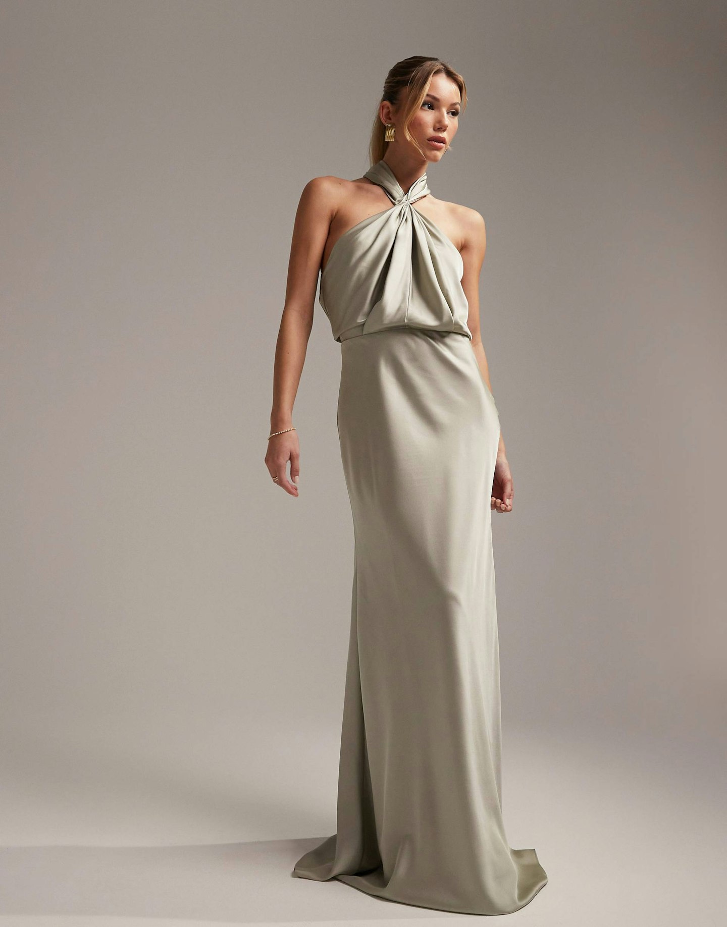 ASOS Design, Bridesmaid Satin Ruched Halter Neck Maxi Dress In Sage Green