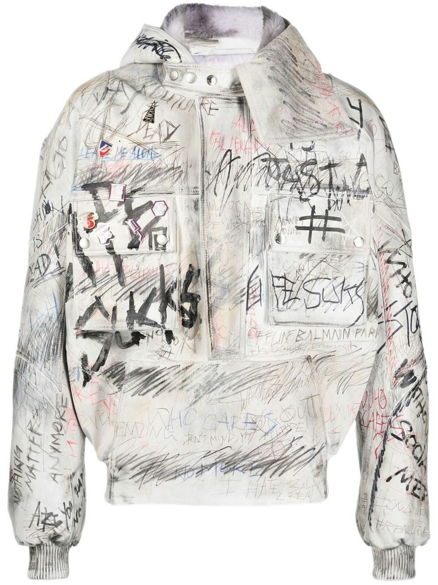 Balmain, Graffiti-Print Aviator Leather Jacket